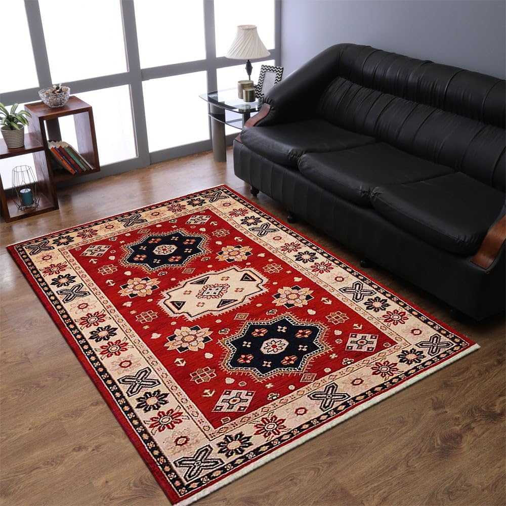 Handmade Wool & Silk Oriental Area Rug 5'x8' - Eco-Friendly Traditional Red & Cream Rectangle Rug for Living Room, Bedroom, Dining Room (AF0104)