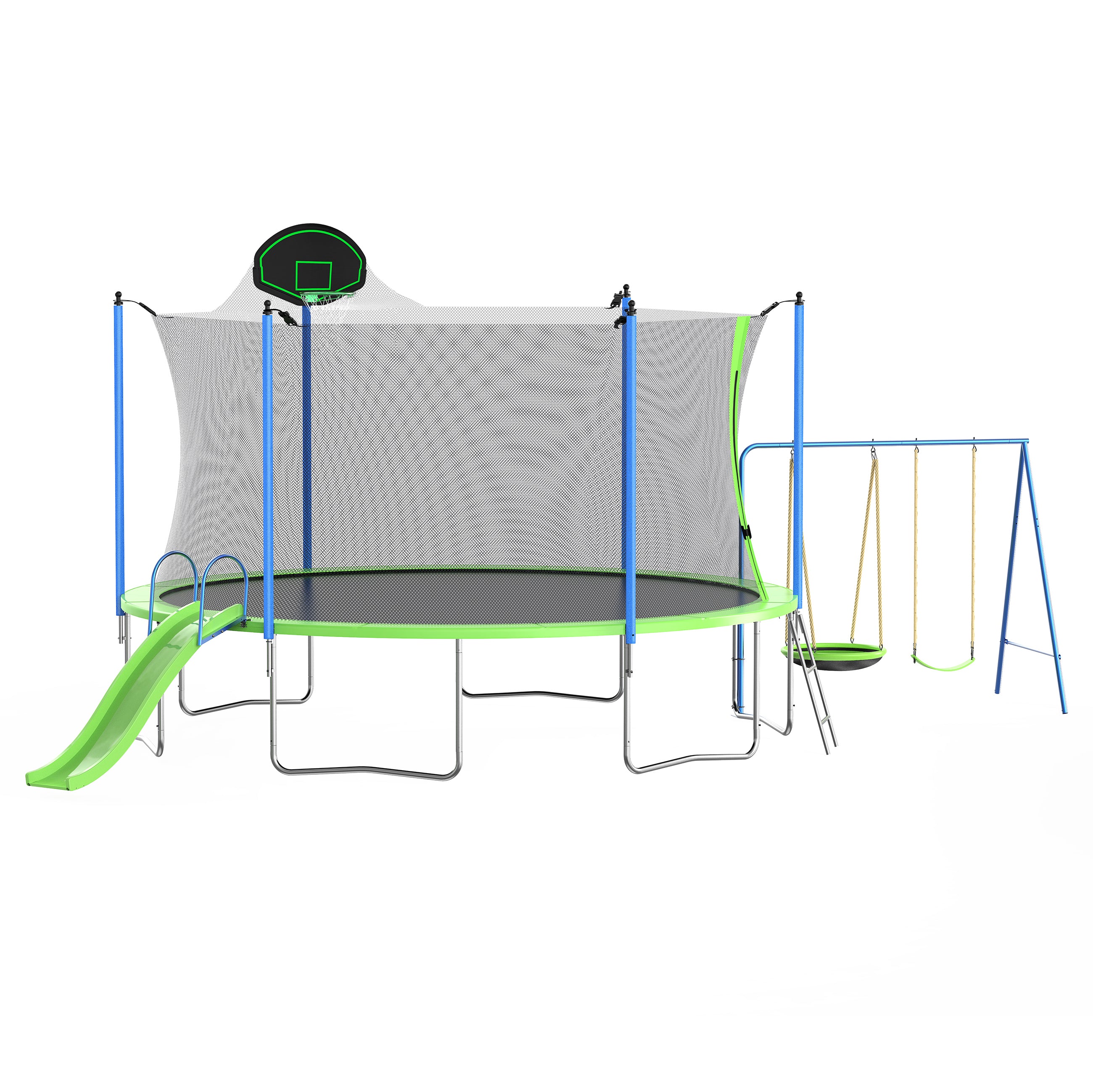 14FT Outdoor Trampoline with Slide, Swings, Basketball Hoop & Ladder - ASTM Approved Large Recreational Trampoline with Safety Net for Kids & Adults - Perfect for Backyard Fun, Family Exercise & Outdoor Play