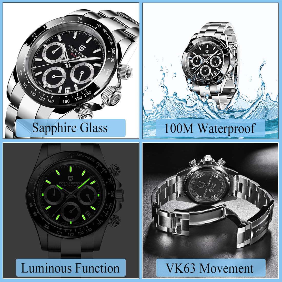 Pagani Design Men's Daytona Homage Quartz Chronograph Watch - Japan VK63 Movement, Ceramic Bezel, Screw-Down Crown, 100M Waterproof, Stainless Steel Strap | Sport, Casual & Business Wear | Perfect for Daily Use, Office & Special Occasions
