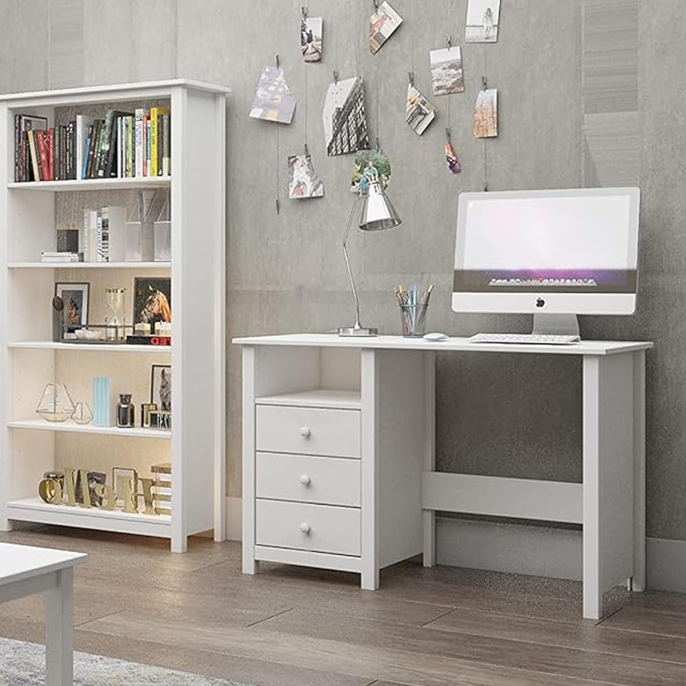 Solid White Pine Wood Computer Desk with Drawers - Compact Home Office Desk for Study, Bedroom & Workspace - Durable Writing Desk with Smart Storage Solutions - Perfect for Remote Work, Online Classes & Small Spaces