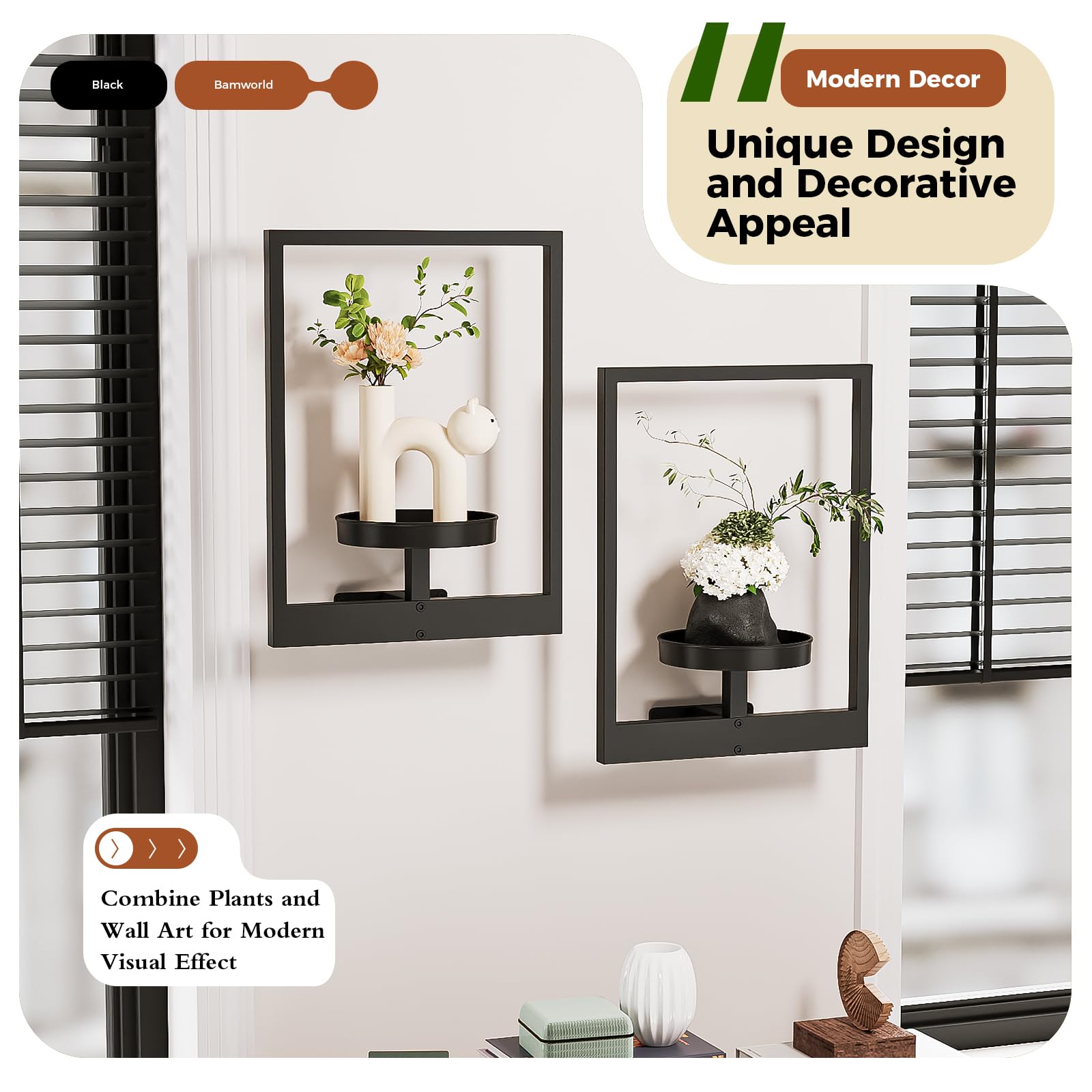 Bamworld 2 Pack Black Metal Wall Planters for Indoor & Outdoor Plants - Wall-Mounted Hanging Plant Holder with Patent Design - Perfect for Home Decor, Garden, Balcony, and Office Spaces