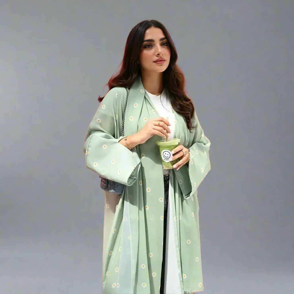Light Green Floral Printed Cardigan Open Abaya Dress - Elegant Muslim Women's Outerwear for Prayer, Home & Special Occasions