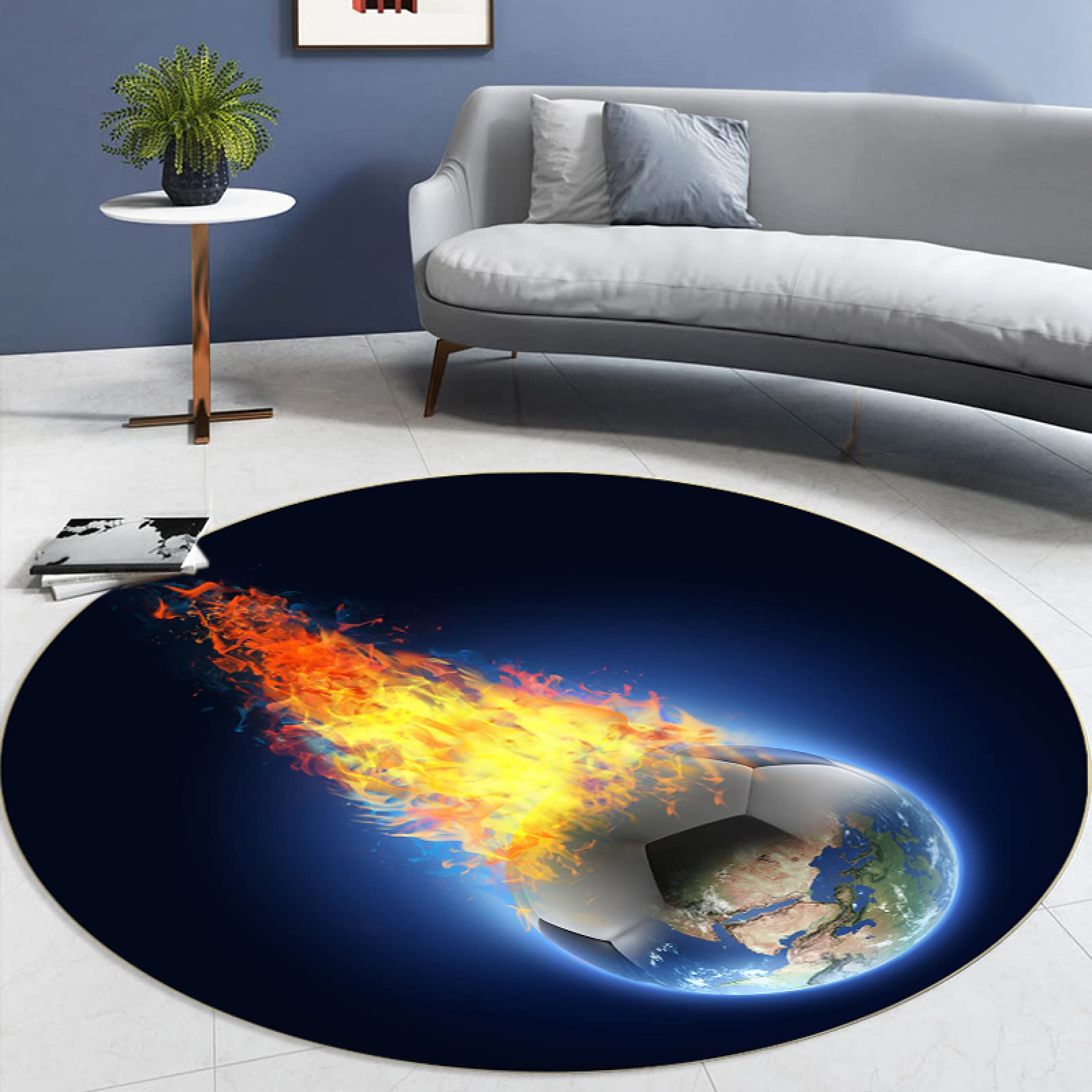 MASTPOINT Flame Football 3D Round Rug - Non-Slip Kids Bedroom Carpet, Soft Floor Mat for Gaming Chair, Office & Playroom - Boys Girls Room Decor (36 Inch)