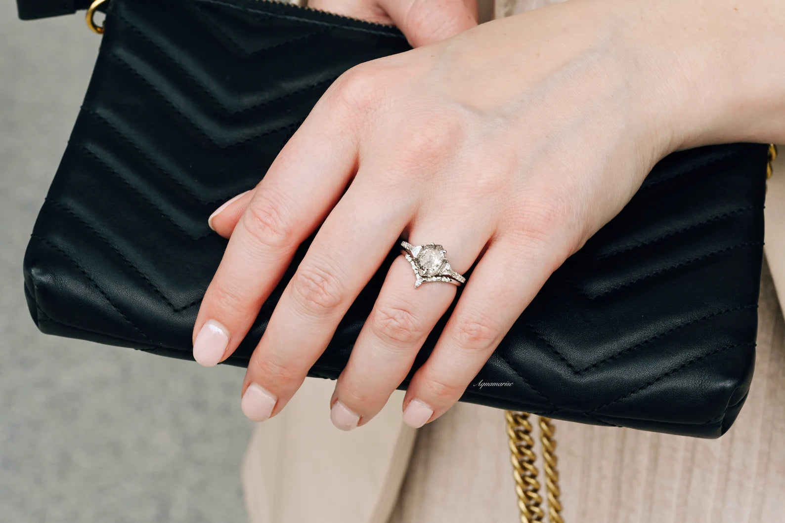 Galaxy Raw Salt & Pepper Diamond (Herkimer Diamond) Hexagon Ring Set - 925 Sterling Silver Jewelry for Women - Perfect for Weddings, Anniversaries & Special Occasions