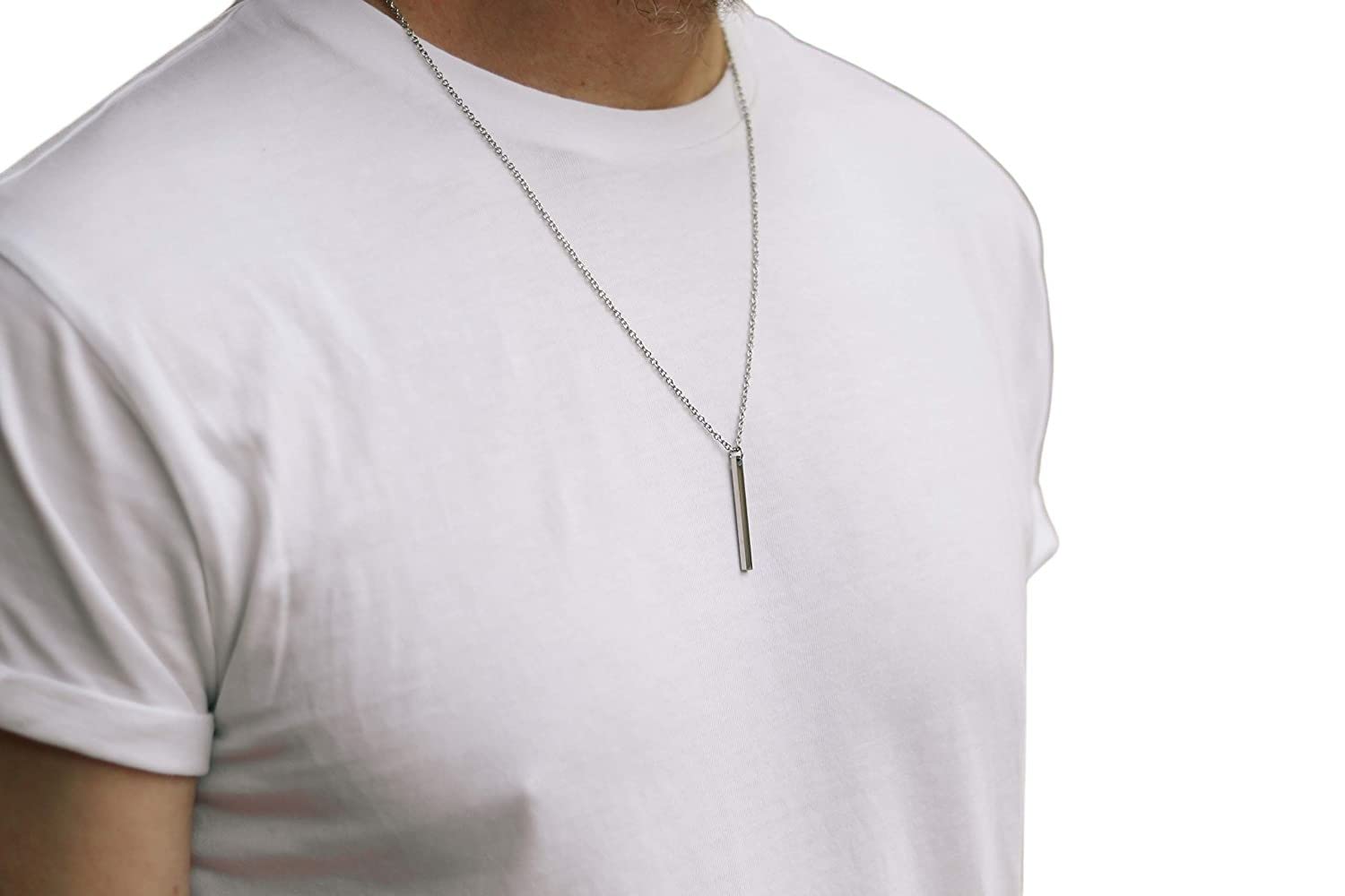 Men's Silver Rectangle Bar Necklace - Waterproof Chain Pendant for Groomsmen Gifts, Yoga & Everyday Wear | Stylish Jewelry Gift for Him