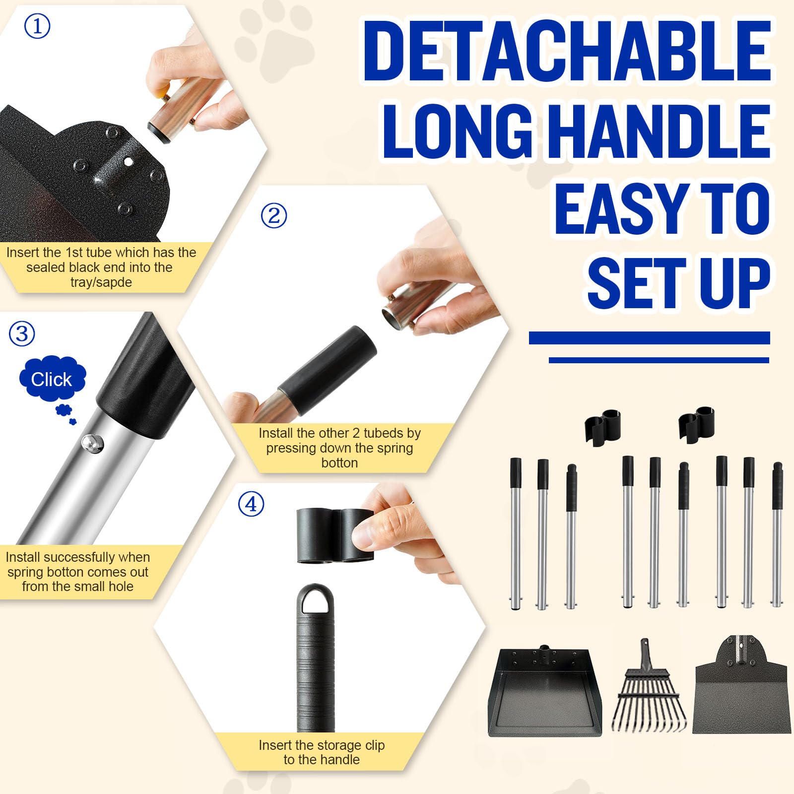 Adjustable Long Handle Dog Poop Scooper Set - 3-Pack Metal Tray Rake & Spade with Waste Bin for Easy Pet Cleanup | No Bending Required for Large & Small Dogs | Perfect for Backyards, Parks & Dog Walks