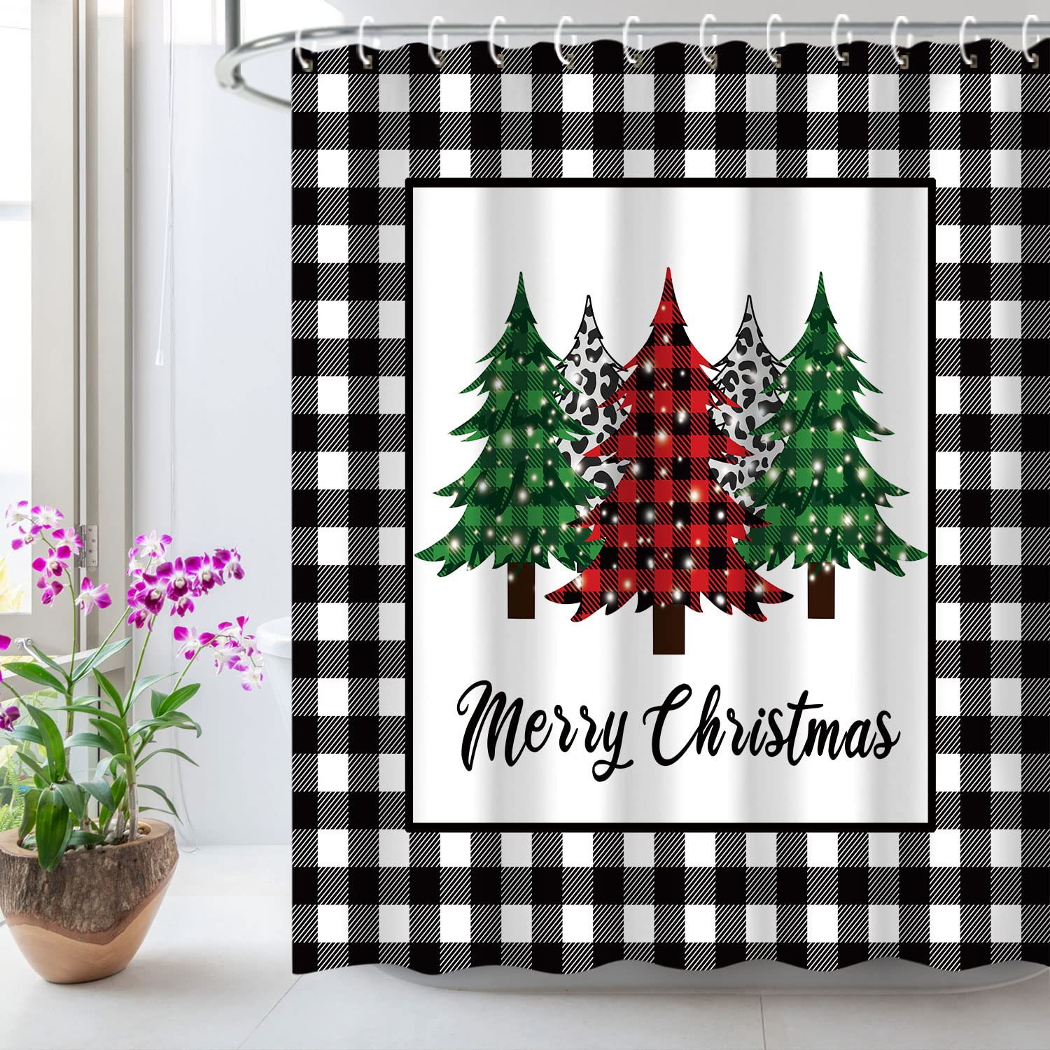 LIVILAN Christmas Tree Shower Curtain Set - Waterproof Holiday Bathroom Decor with Merry Xmas Design, 72x72 Inches - Perfect for Festive Bathroom Decorations & Christmas Home Party Decor