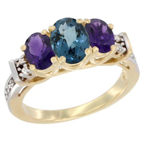 10K Yellow Gold Natural London Blue Topaz & Amethyst Ring with 3-Stone Oval Diamond Accent - Elegant Jewelry for Women, Perfect for Engagement, Anniversary & Special Occasions