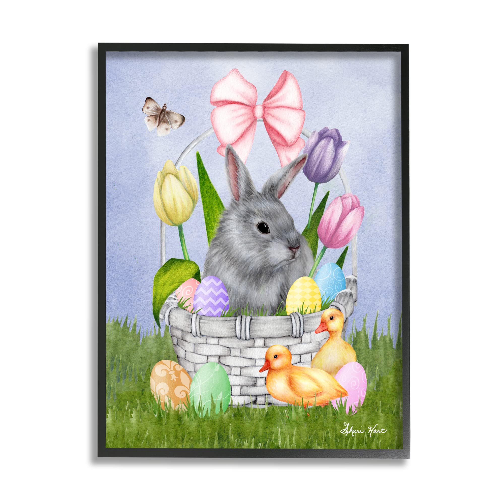 Stupell Industries Pastel Bunny Rabbit Basket with Easter Eggs & Baby Chicks - Sheri Hart Design | Easter Home Decor, Spring Nursery Wall Art, Gift for Kids