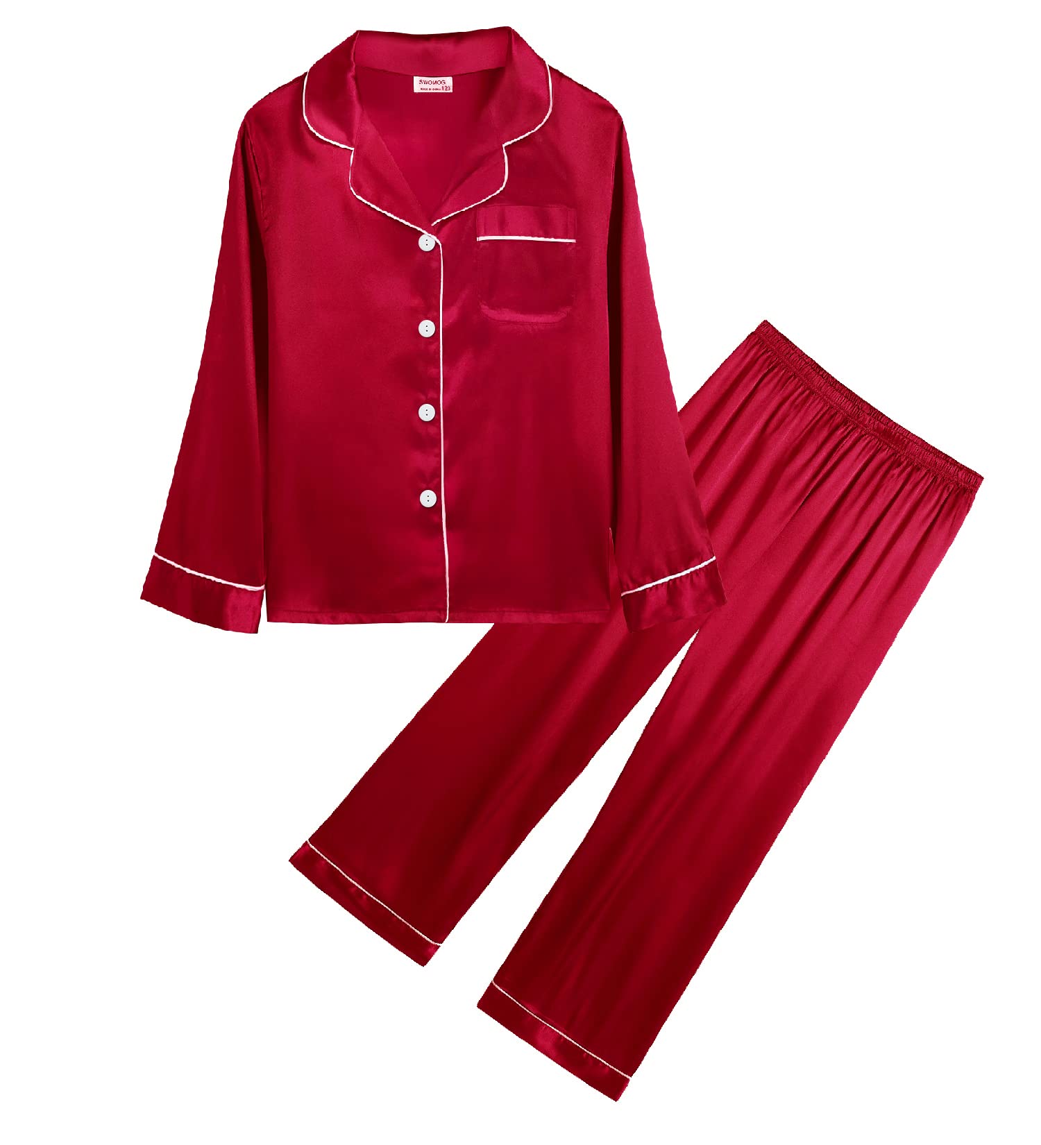 SWOMOG Kids Silk Satin Pajama Set for Girls & Boys - Button Down Long Sleeve 2-Piece Sleepwear Set - Soft Comfortable White Pajamas for Sleeping, Lounging & Family Matching Outfits