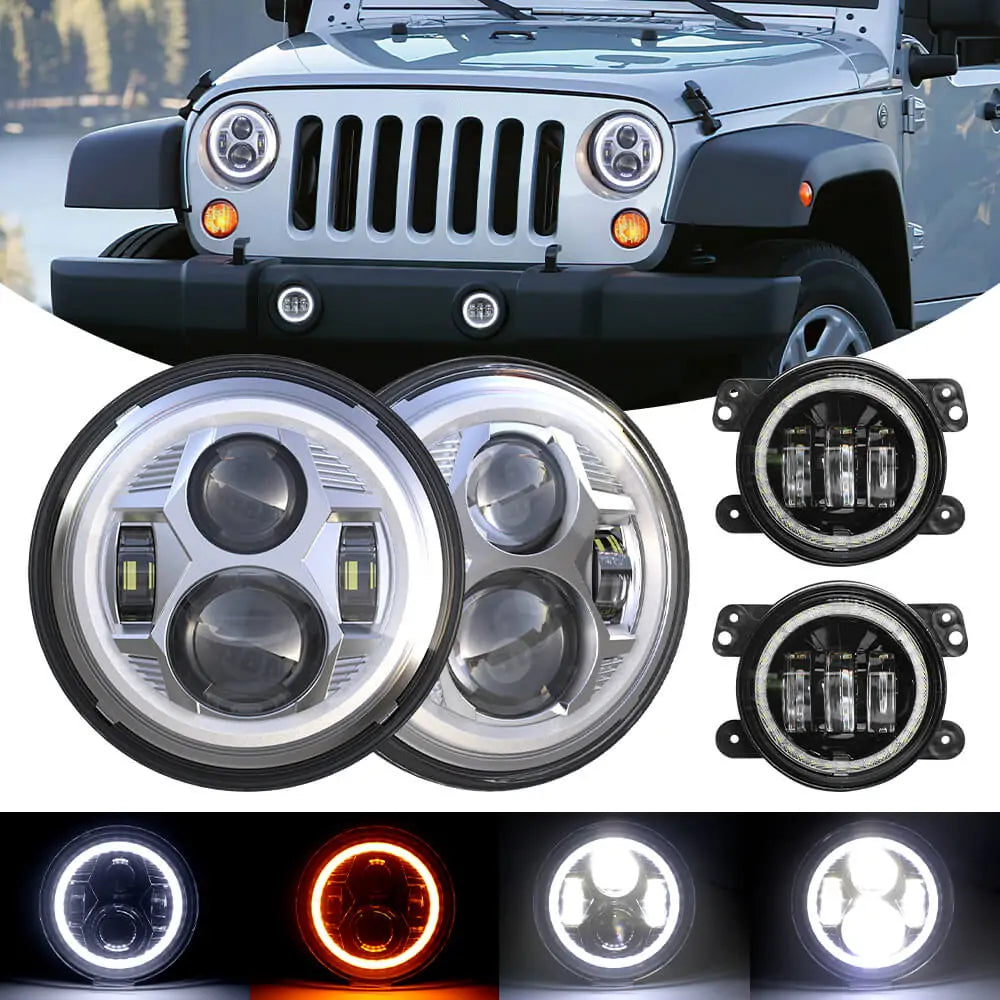 LOYO 7 Halo LED Headlights + 4 Halo LED Fog Lights with DRL & Amber Turn Signal - Compatible with Jeep Wrangler 1997-2017 JK TJ LC CJ - Upgrade Your Off-Road Lighting for Night Driving & Adventure