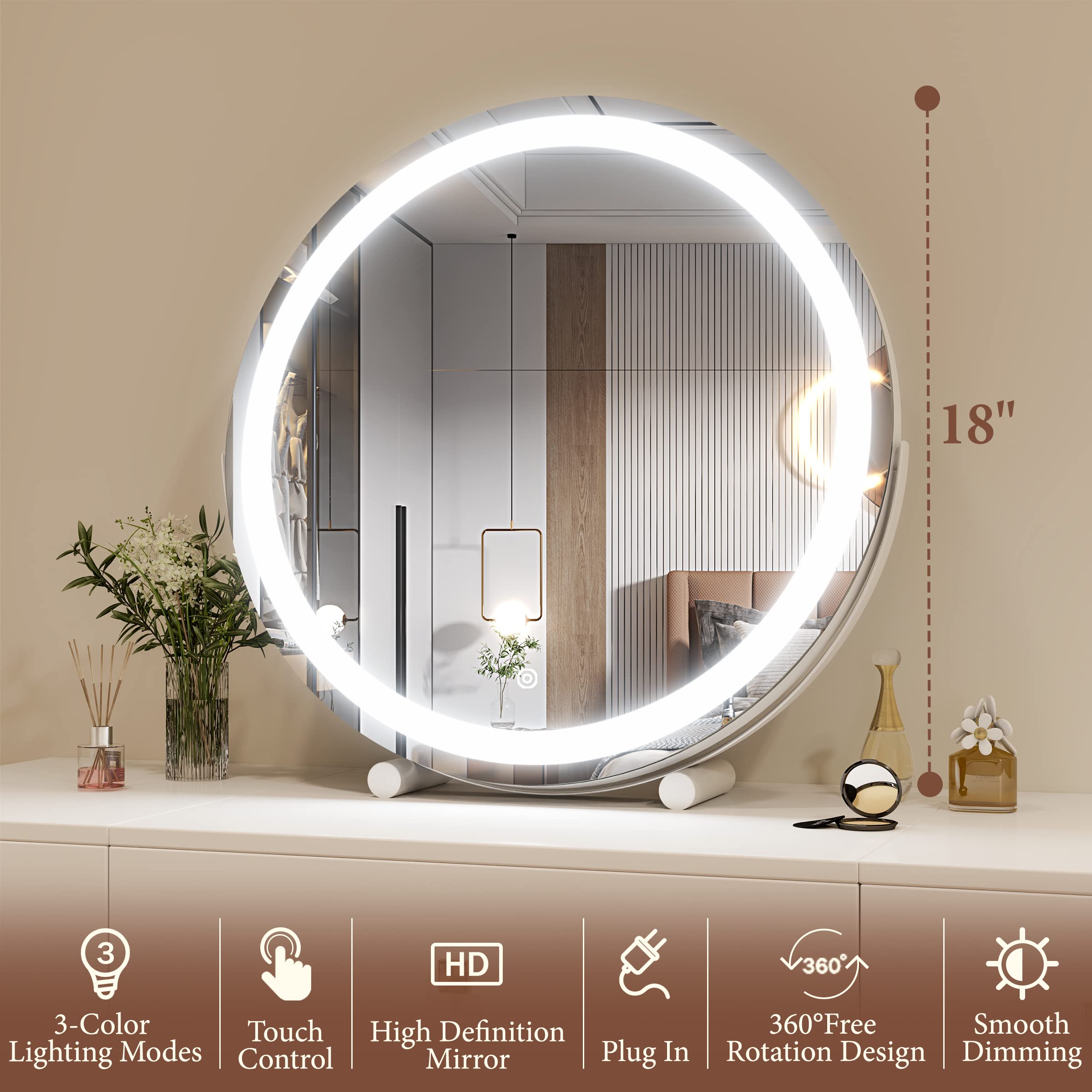 FENNIO 18 Inch Large LED Vanity Mirror with Touch Screen - 3 Color Dimmable Lighting, Round Lighted Makeup Mirror for Vanity Desk, Bedroom, Dressing Room & Professional Makeup Application