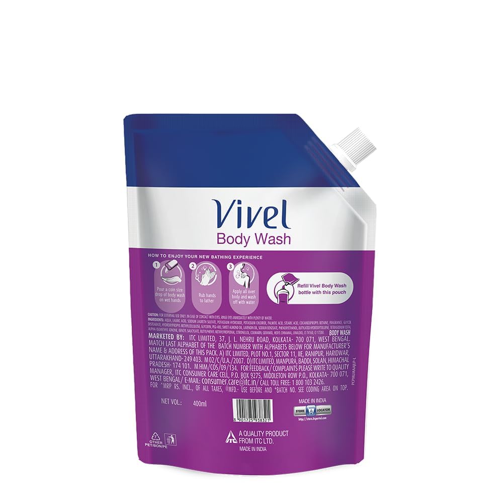 Viv.l Fragrant Body Wash - Lavender & Almond Oil Shower Gel (13.5 Fl Oz) | Moisturizing Bodywash for Soft & Smooth Skin | Effective Cleansing for Women & Men | Supersaver Refill Pouch | Perfect for Daily Shower Routine & Relaxing Bath Time
