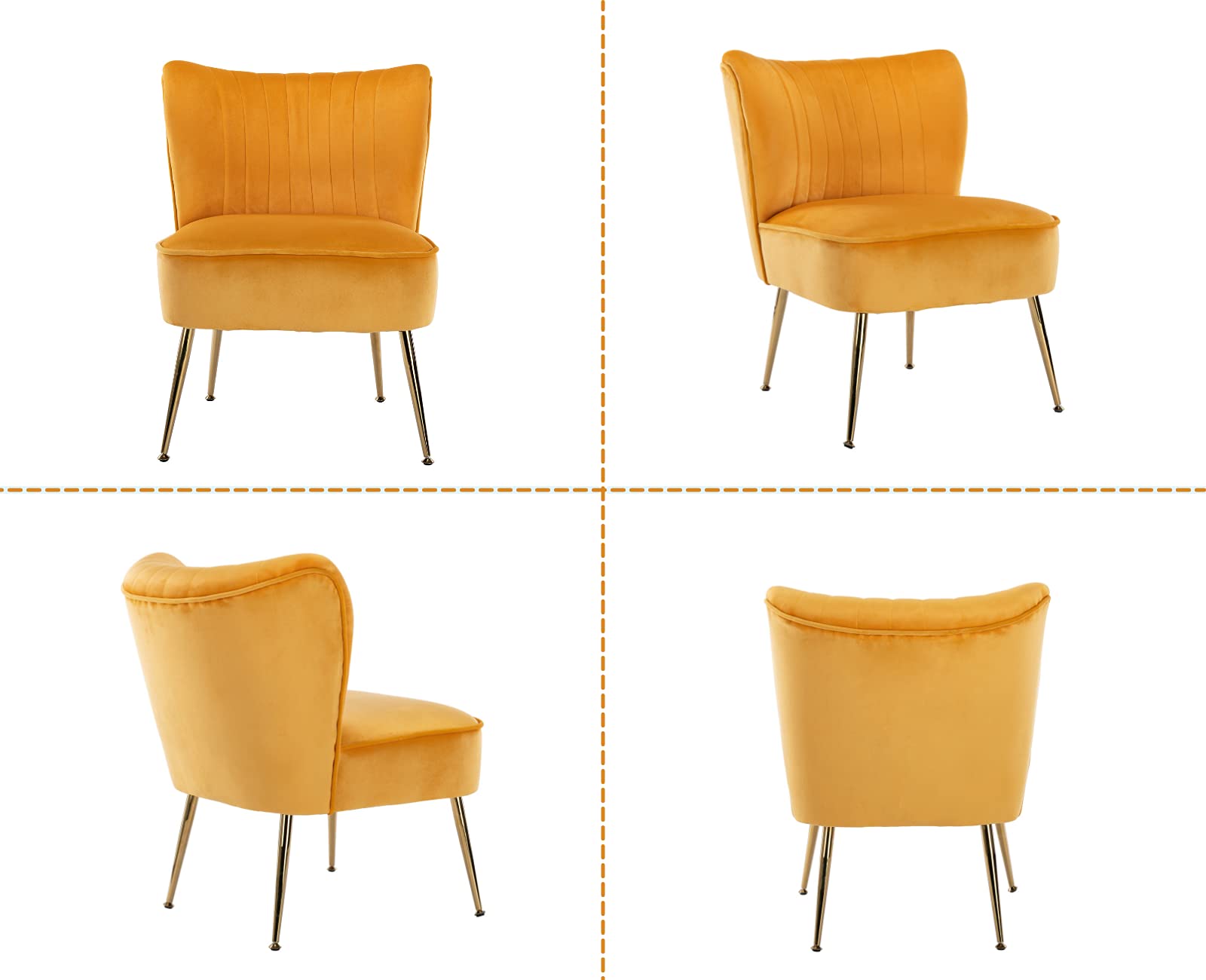 Velvet Accent Chairs Set of 2 - Mid-Century Modern Upholstered Side Chairs with Golden Legs, Armless Wingback Slipper Chairs for Living Room, Guest Room & Bedroom - Soft Yellow Comfy Seating for Home Decor