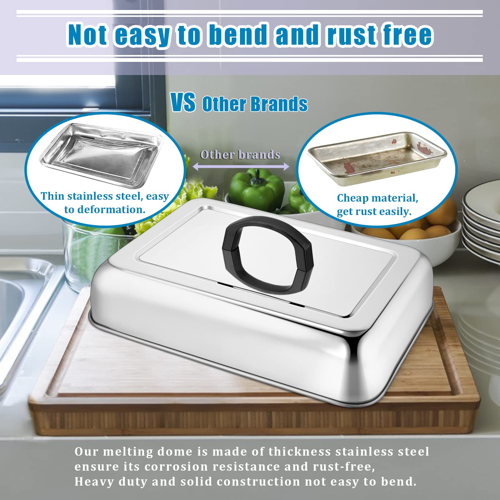 2PCS Stainless Steel Rectangular Basting Cover - Heavy Duty Cheese Melting Dome & Steaming Lid for Griddle Grill - Perfect for Flat Top BBQ, Kitchen & Outdoor Cooking - Dishwasher Safe - Ideal for Melting Cheese, Steaming Veggies & Keeping Food Warm