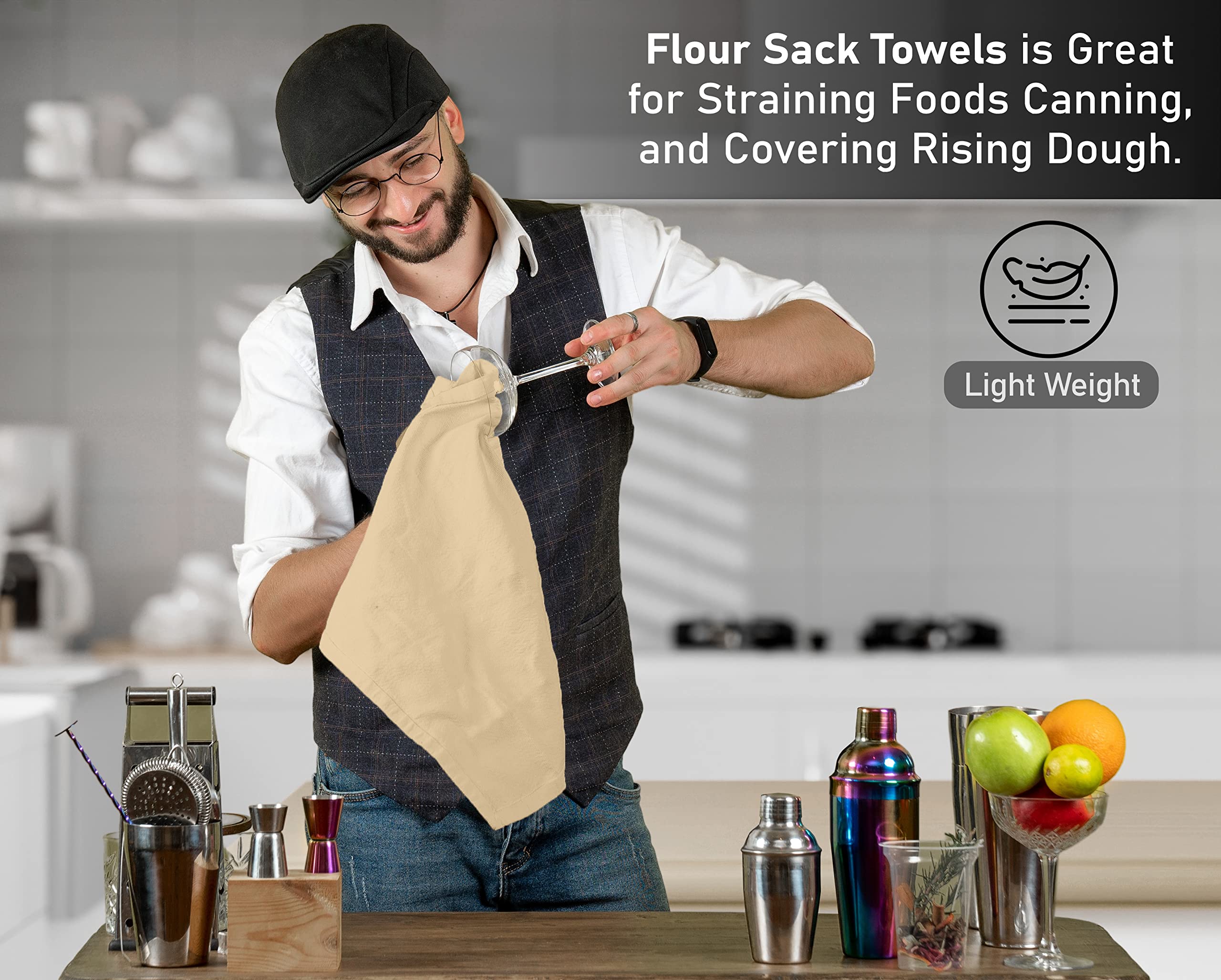 Ruvanti 24 Pack 28x28 Inch 100% Cotton Flour Sack Dish Towels - Super Absorbent & Quick Drying Kitchen Towels for Dishes, Cleaning & Drying - Machine Washable, Reusable Tea Towels (Camel) - Perfect for Kitchen, Restaurant & Household Use