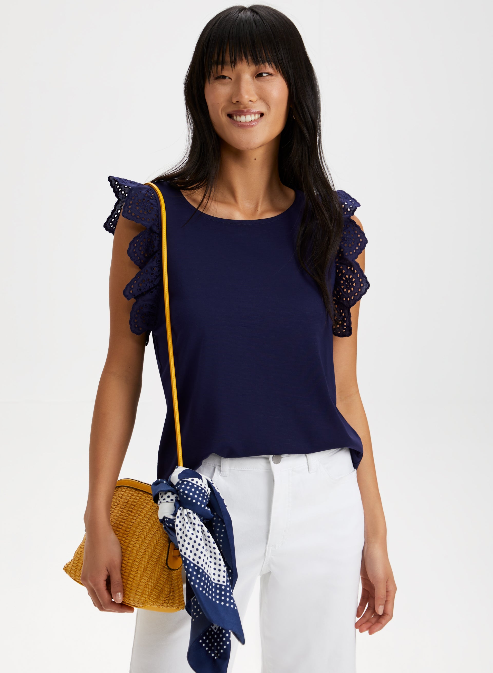 Eyelet Cap Sleeve T-Shirt for Women - Breathable Summer Top with Lace Trim - Perfect for Casual Outings, Beach Wear & Layering