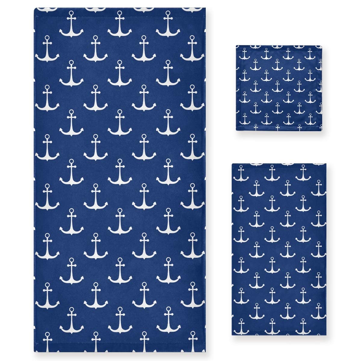 Premium Nautical Anchor Print 3-Piece Bath Towel Set - 1 Bath Towel, 1 Hand Towel, 1 Washcloth | Soft & Absorbent Cotton Towels for Bathroom, Spa, Beach & Gym | Navy Blue Anchor Design for Coastal Decor & Nautical Theme Bathrooms