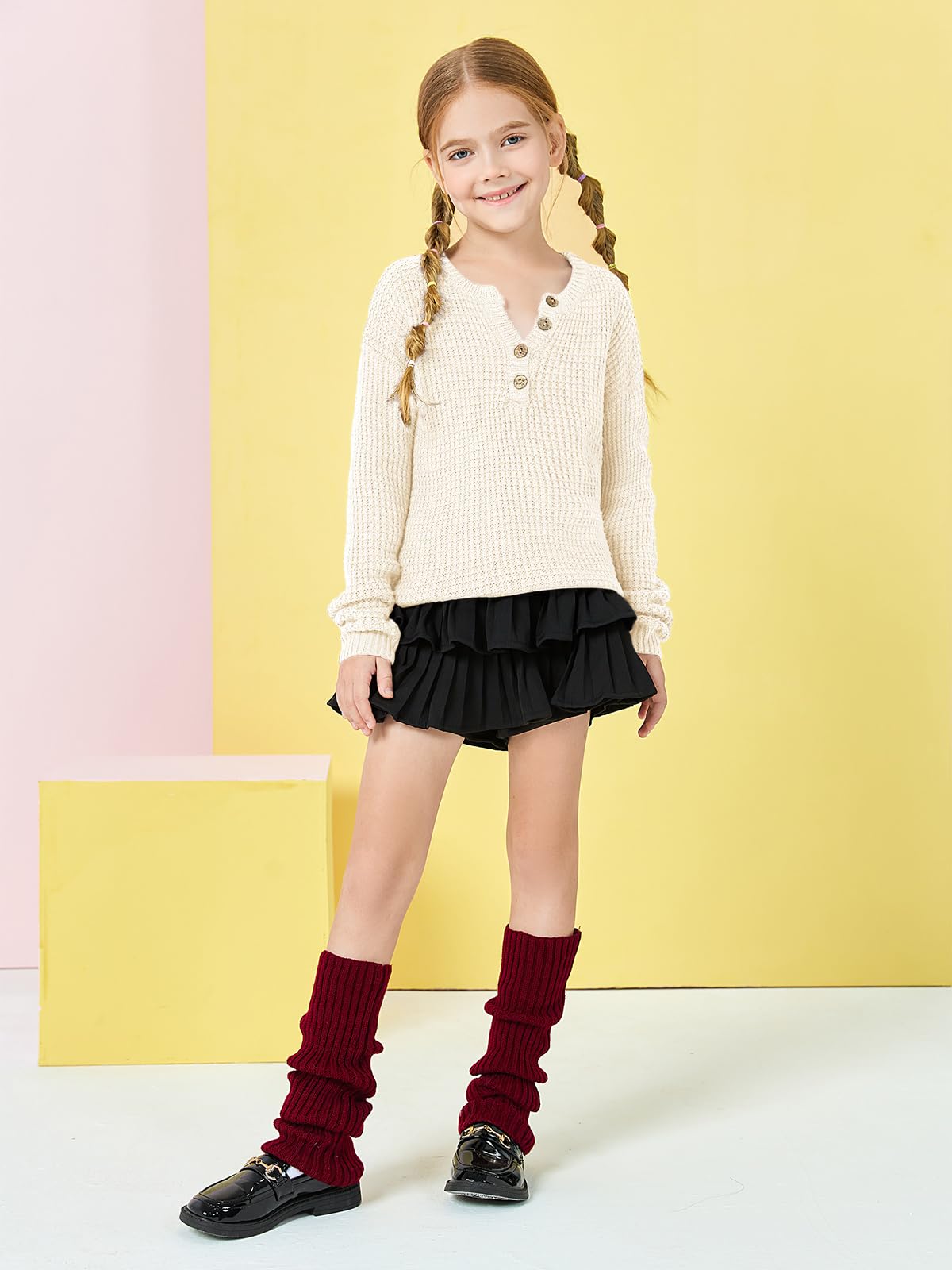 Trendy Girls Waffle Knit Sweater - Henley Button V-Neck Long Sleeve Pullover Jumper Top for School, Fall Outfits & Casual Wear
