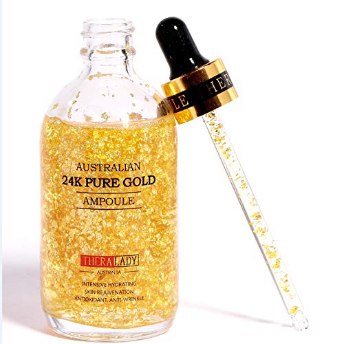 24K Pure Gold Ampoule Essence with Gold Flakes - Anti-Aging, Wrinkle Reduction & Firming Face Serum for Women | 100ml Luxury Skincare Treatment | Perfect for Night Routine & Special Occasion Glow