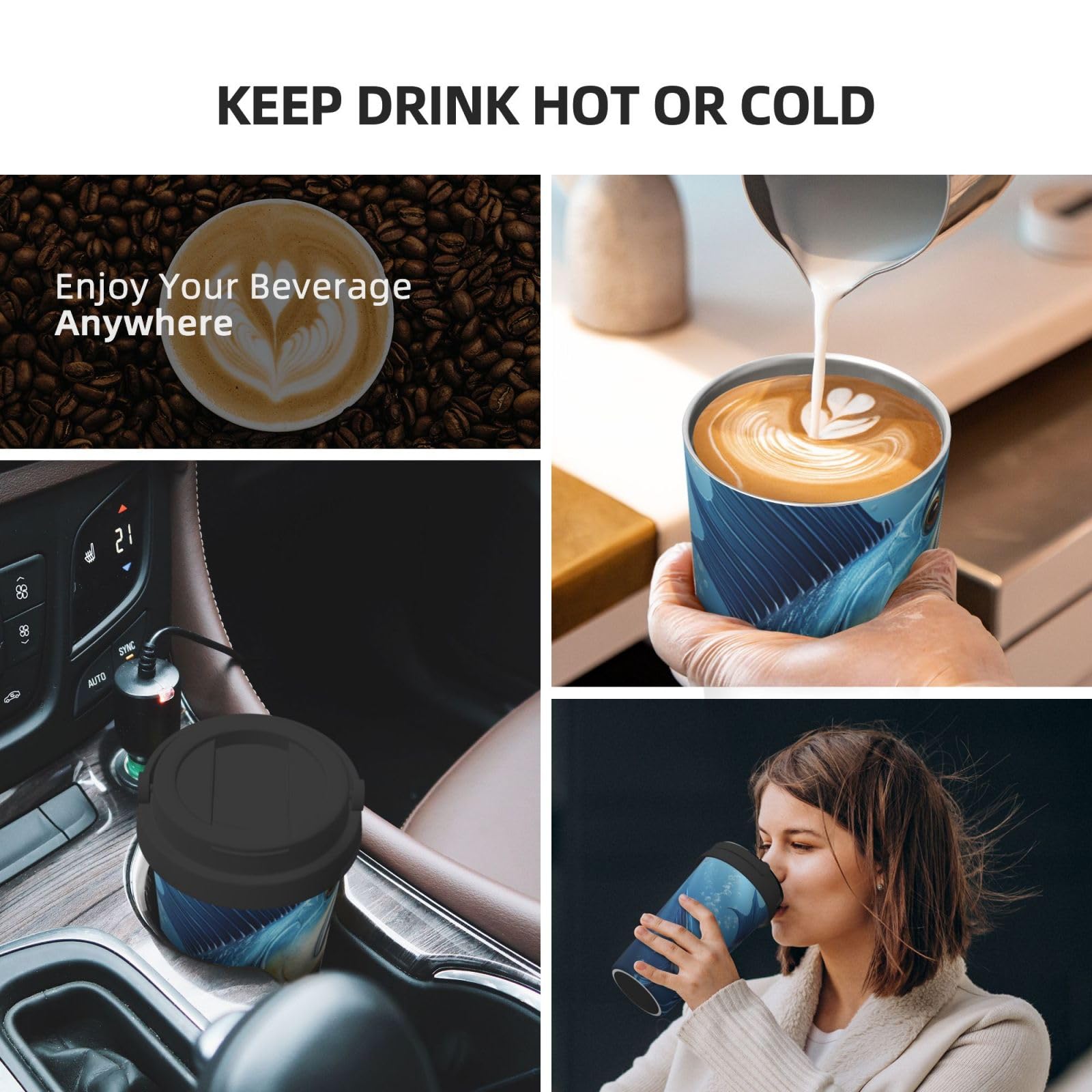 GFLFMXZW Stainless Steel Insulated Coffee Mug with Lid - 20oz Vacuum Insulated Travel Tumbler, Double Wall Thermal Cup for Hot & Cold Drinks - Perfect for Office, Commuting, Camping & Outdoor Activities (Blue Fish Design)