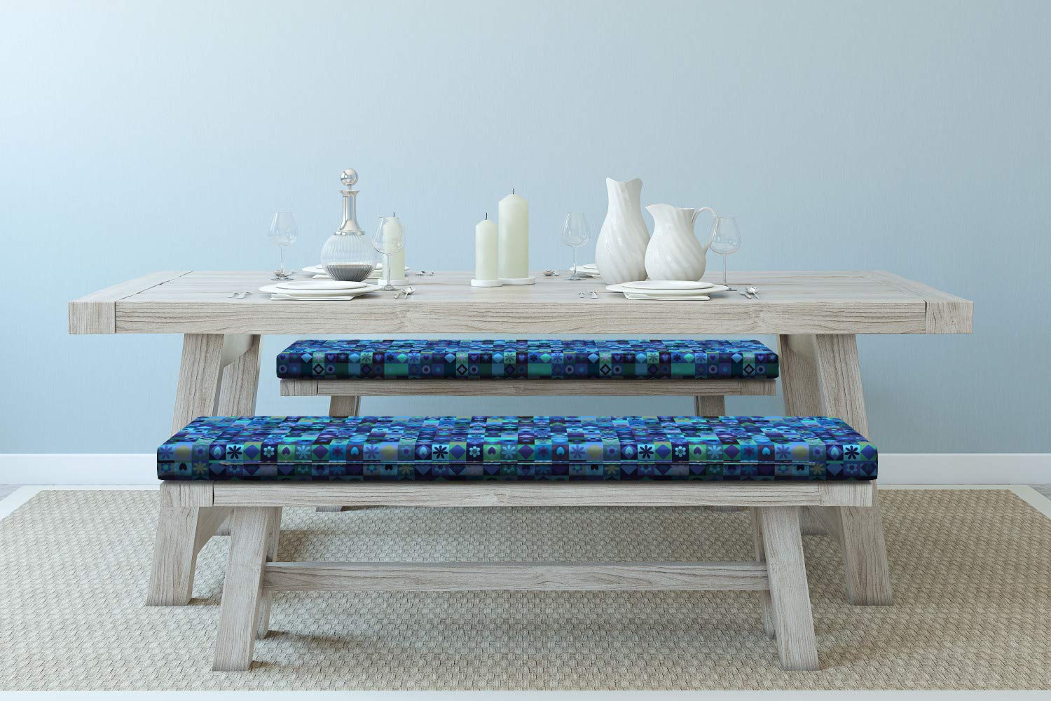 Ambesonne 2-Piece Indigo Bench Cushion Set with Foam Pad - Modern Playing Cards Inspired Design with Hearts, Circles, Squares & Flowers - 45