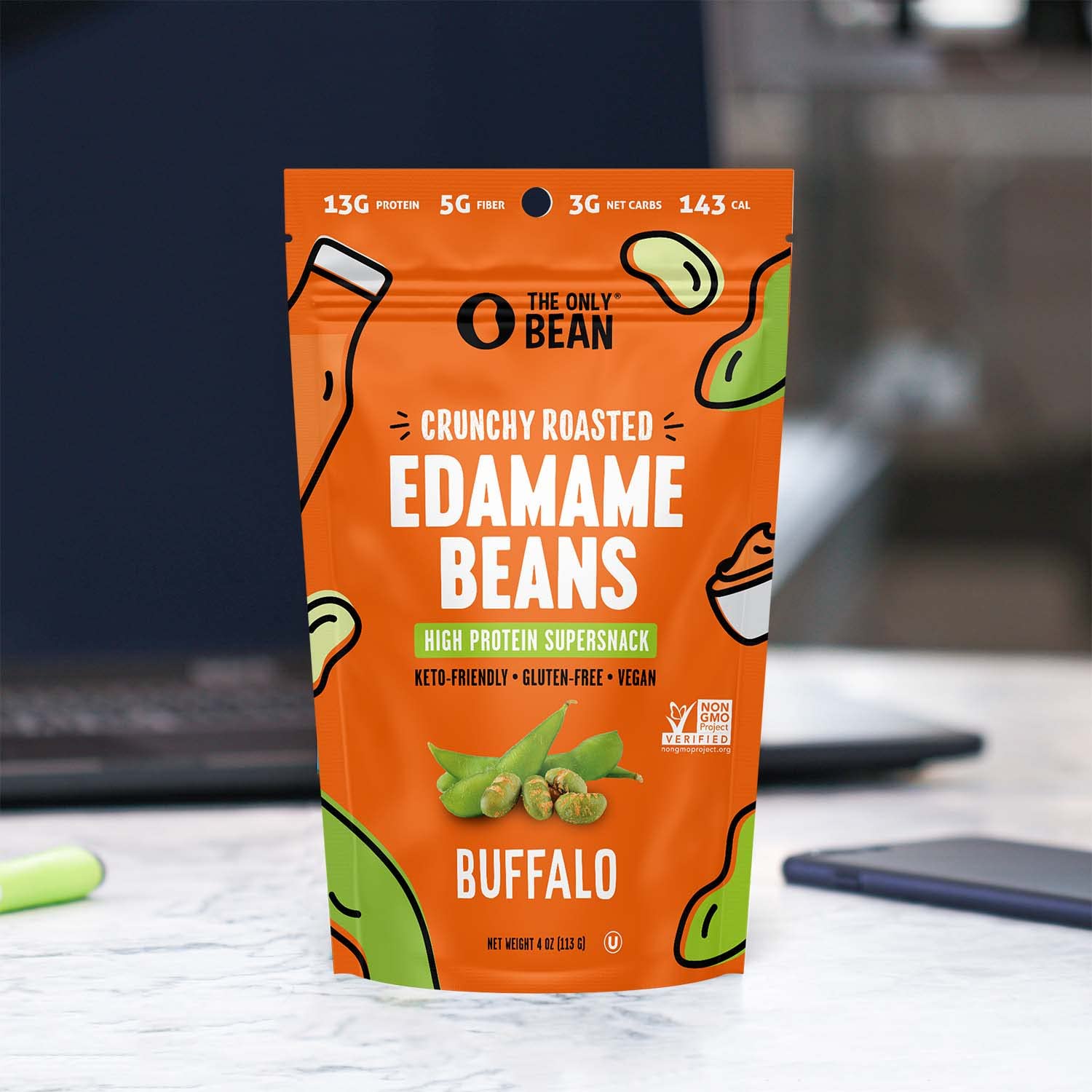 Crunchy Roasted Edamame Beans (Buffalo Flavor) - Keto, Vegan, Gluten-Free, Low Carb High Protein Snacks for Adults & Kids - Healthy On-the-Go Snack for Work, School, Hiking & Road Trips - 4oz (3 Pack)