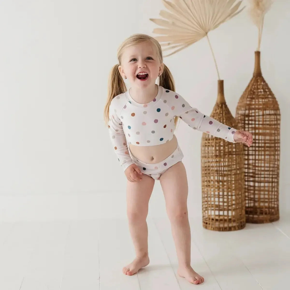 Babysprouts Baby Girl Cropped Rashguard & Swim Bottom Set - Polka Dot Print UV Protection Swimwear for Toddlers, Beach & Pool Playtime