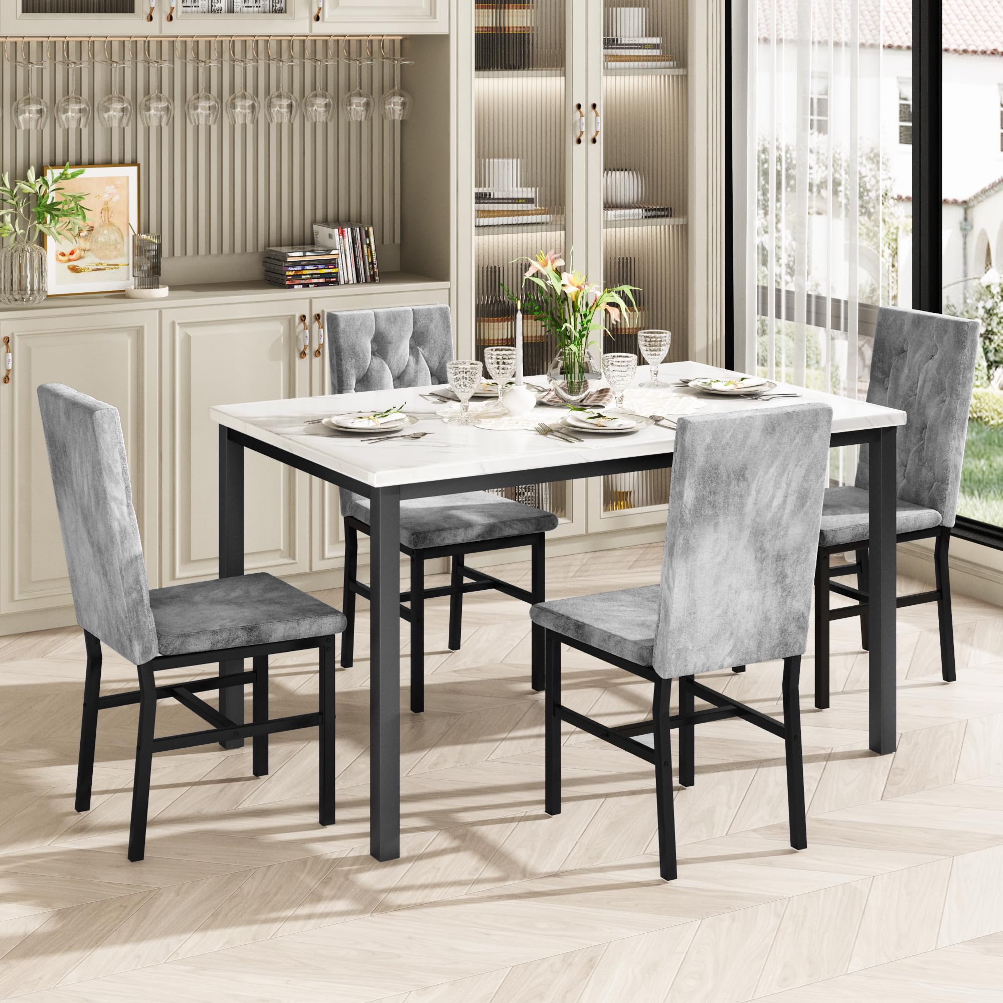 Hooseng 4-Piece Dining Table Set with Faux Marble Top & Button Tufted Chairs - Small Kitchen Table & Chair Set for 4 - Perfect for Breakfast Nooks, Small Apartments & Cozy Dining Spaces