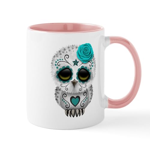 White/Pink Inside - Cute Teal Blue Day Of The Dead Sugar Skull Owl Mug