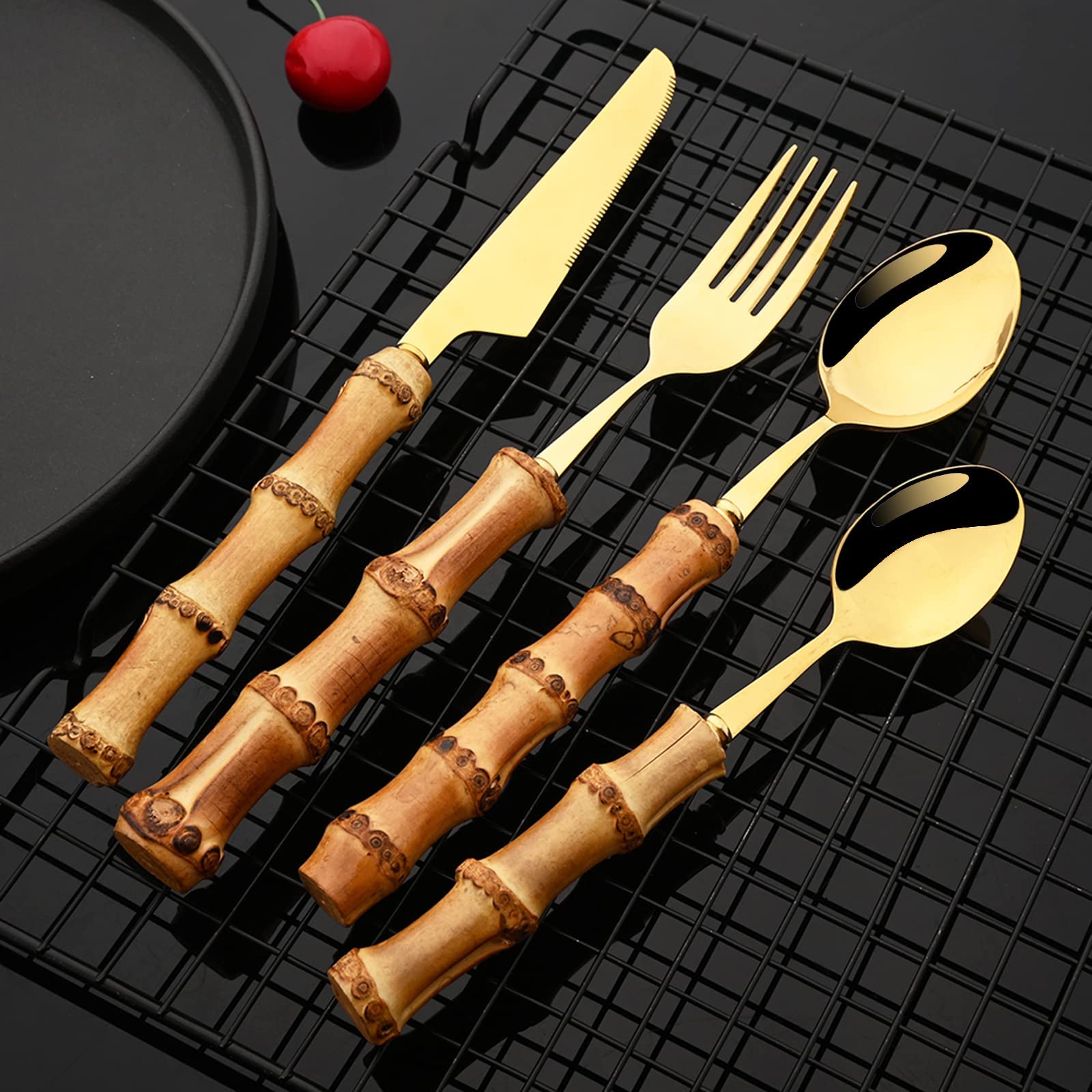 32-Piece Stainless Steel Flatware Set with Natural Bamboo Handles - Includes Forks, Spoons & Knives - Perfect for Everyday Dining, Dinner Parties & Gifts