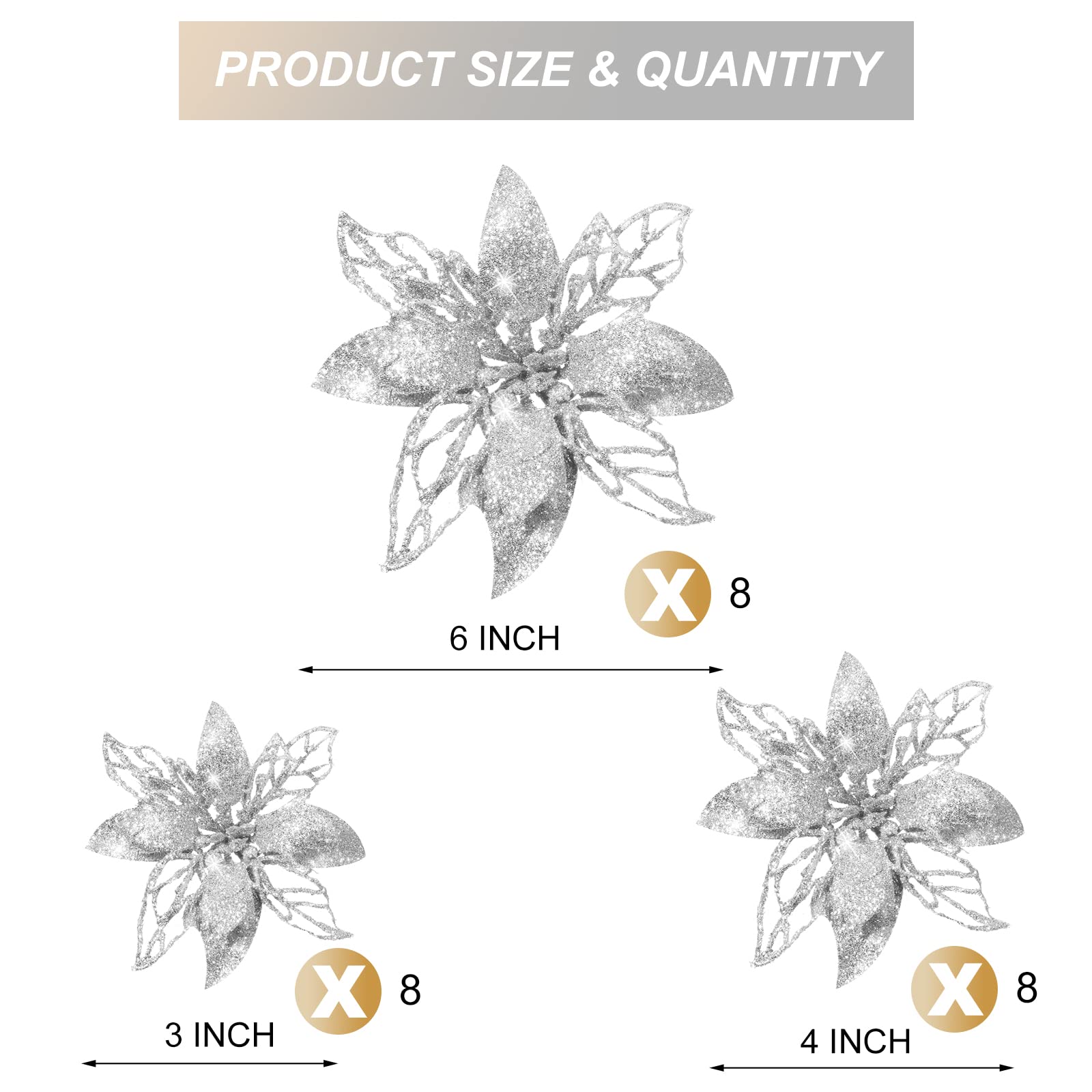 24-Piece Silver Glitter Artificial Poinsettia Flowers - Christmas Tree Decorations, Wedding Centerpieces, Holiday Party & New Year Home Decor