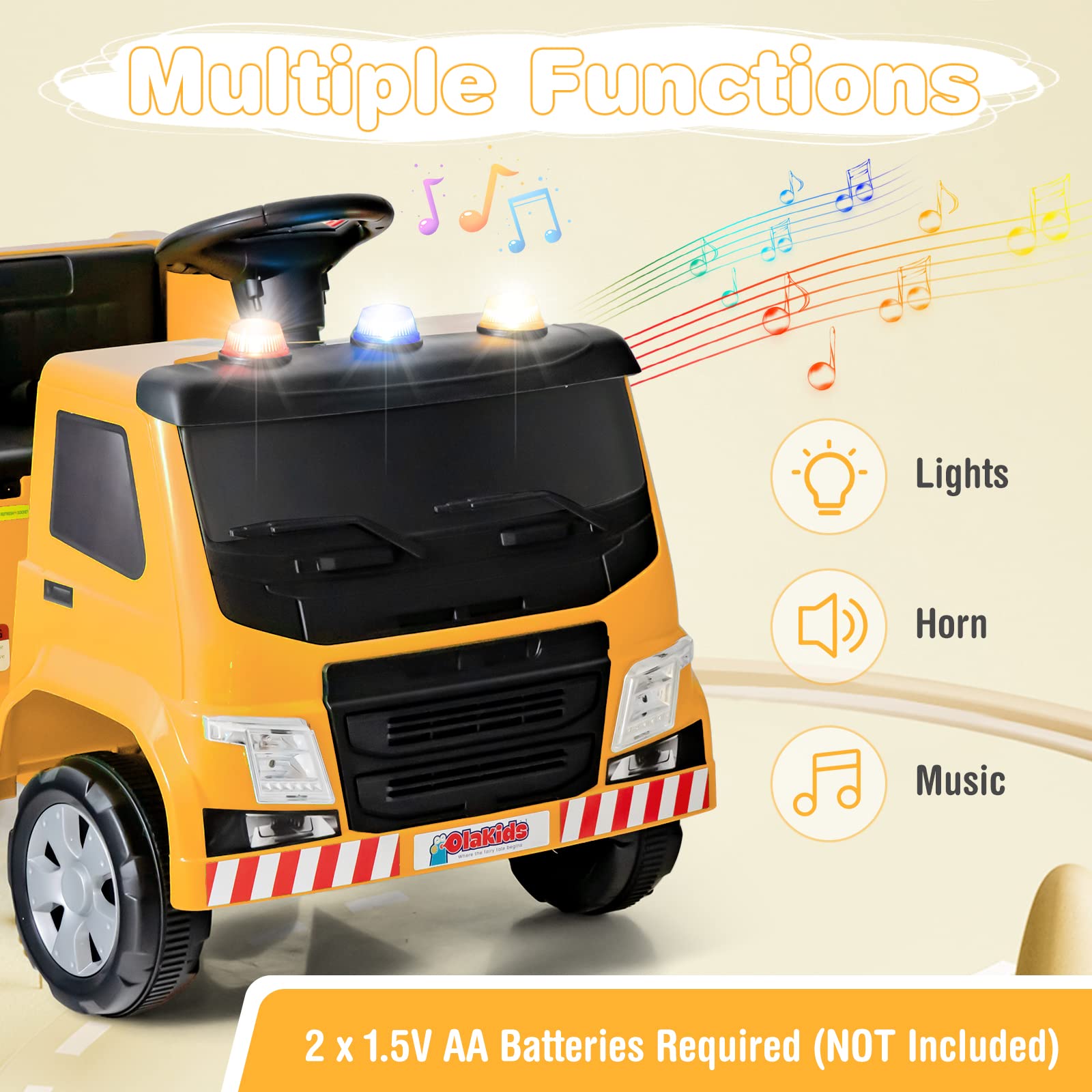 OLAKIDS 6V Electric Ride-On Garbage Truck Toy for Kids - Battery Powered Recycling Truck with Music, Horn & Warning Lights - Includes Recycling Accessories - Yellow Toddler Toy for Boys & Girls - Perfect for Pretend Play, Outdoor Fun & Learning About Recycling