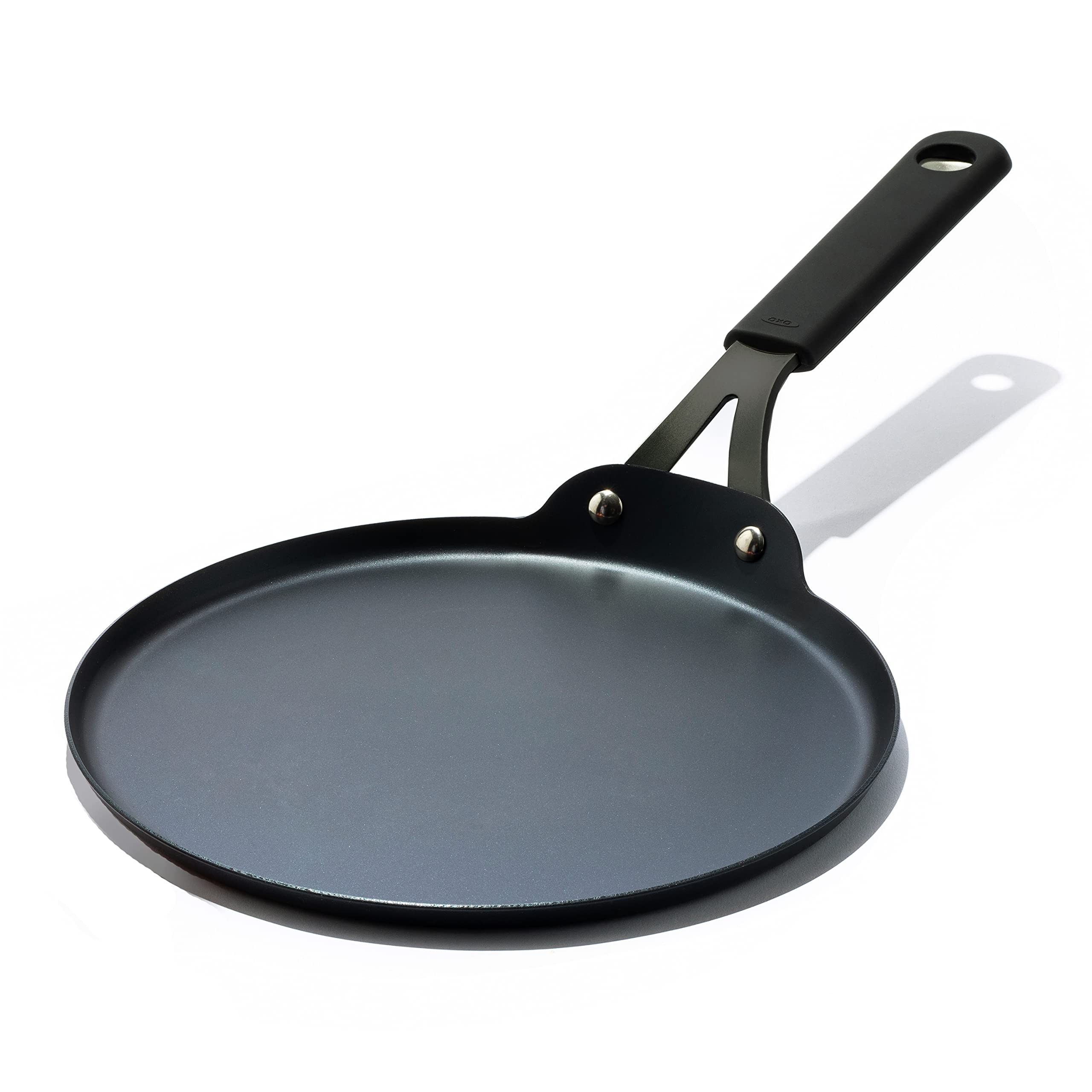 OXO Obsidian Pre-Seasoned 10-Inch Carbon Steel Crepe & Pancake Griddle Pan - Induction & Oven Safe with Removable Silicone Handle Holder - Perfect for Breakfast, Brunch & Camping Cooking - Black