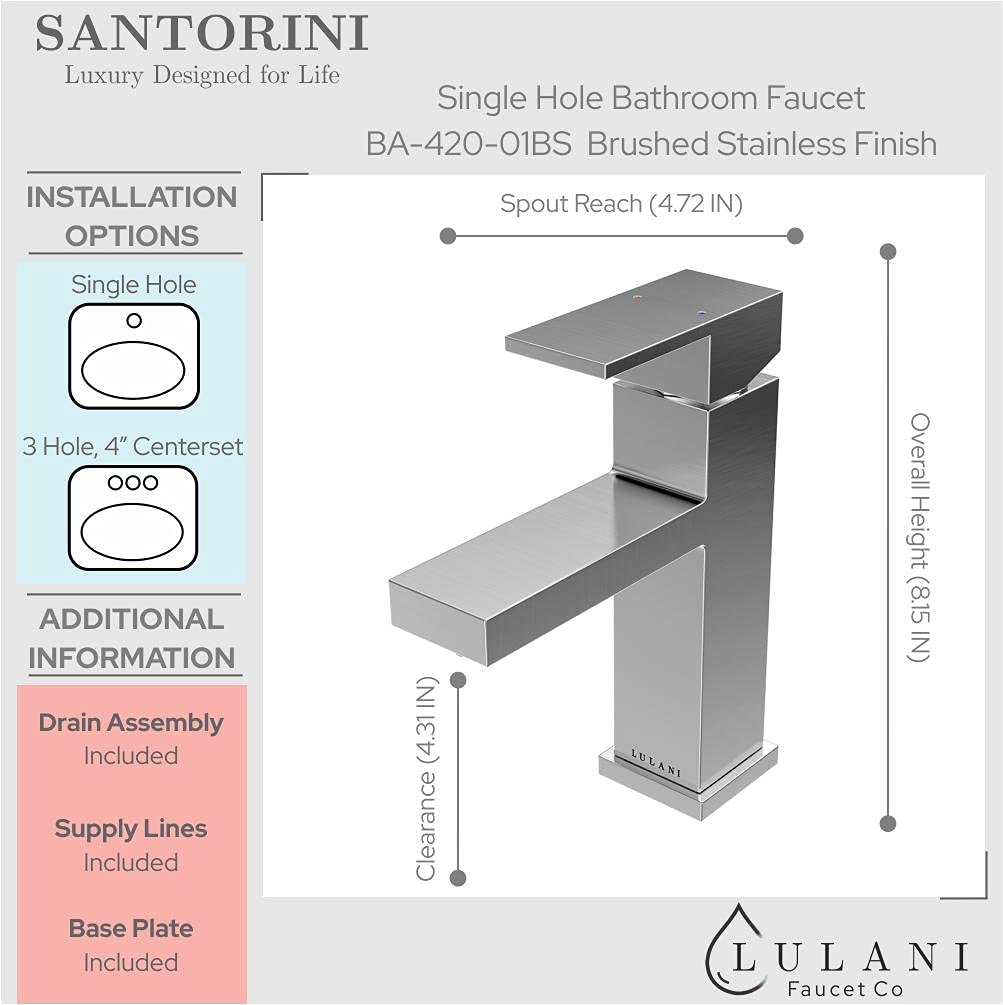 Lulani Santorini Brushed Stainless Steel Single Hole Bathroom Sink Faucet with Drain Assembly - Perfect for Modern Bathroom Vanity, Powder Room & Guest Bath Installation