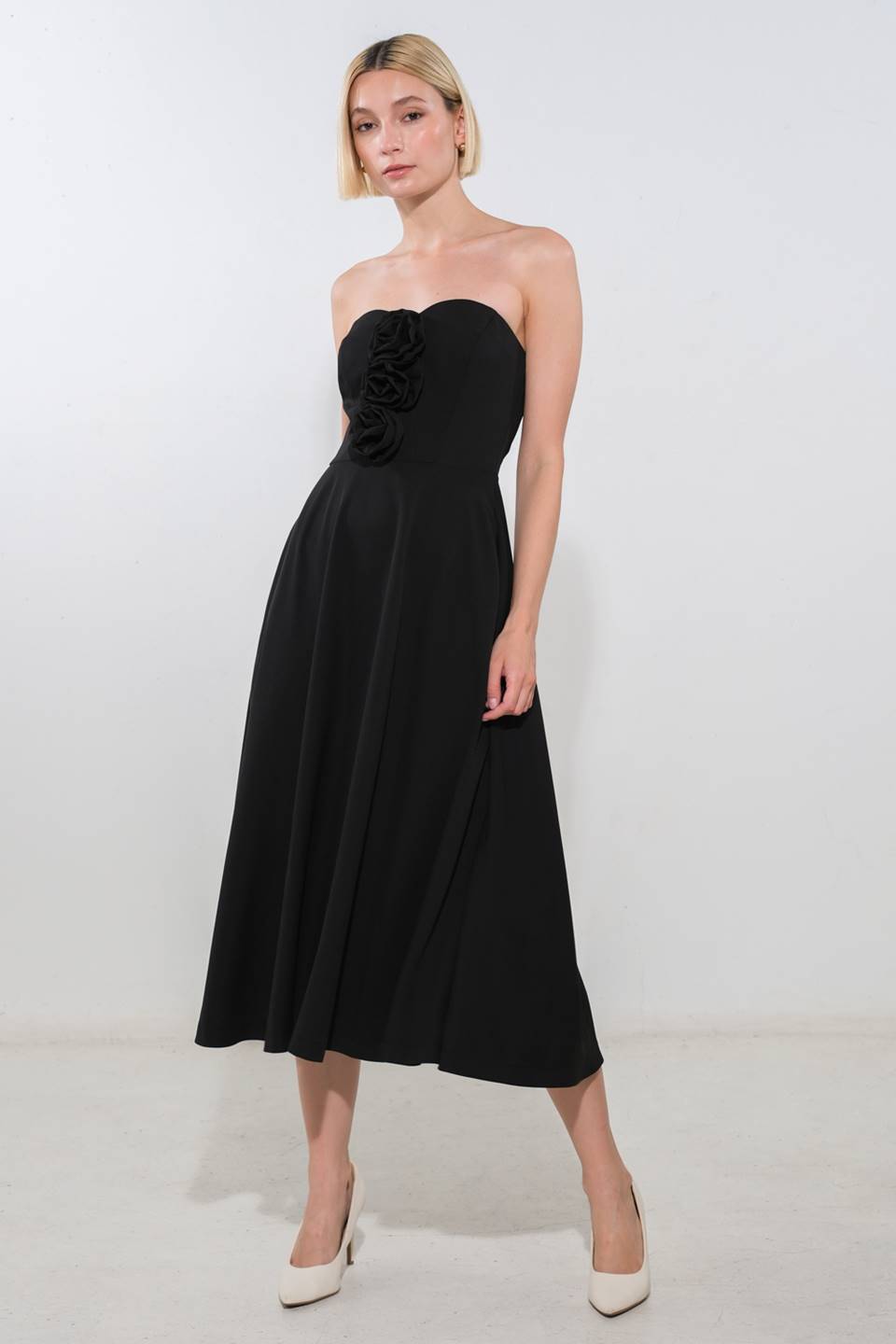 Land of the Free Black Strapless Midi Dress with Rosette Detail - Elegant Evening Wear for Parties & Special Occasions