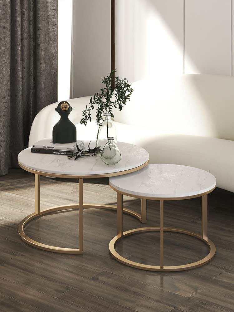 Modern Round Nesting Coffee Table Set of 2 - Sturdy Metal Frame & Marble Pattern Wooden Side Tables for Living Room - Sofa End Table & Cocktail Table for Dining Room & Home Decor - Perfect for Small Spaces, Apartments & Cozy Home Settings