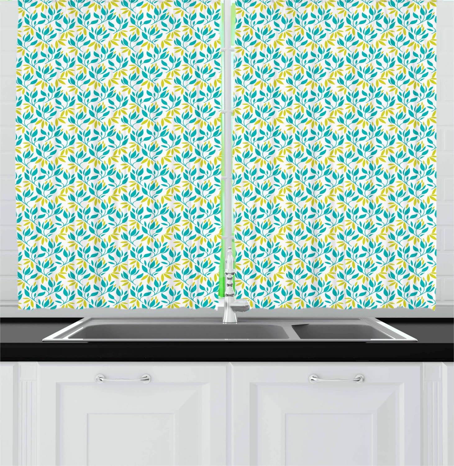 Ambesonne Botanical Long Kitchen Curtains - Abstract Herbal Leaf Pattern Spring Drapes, 55