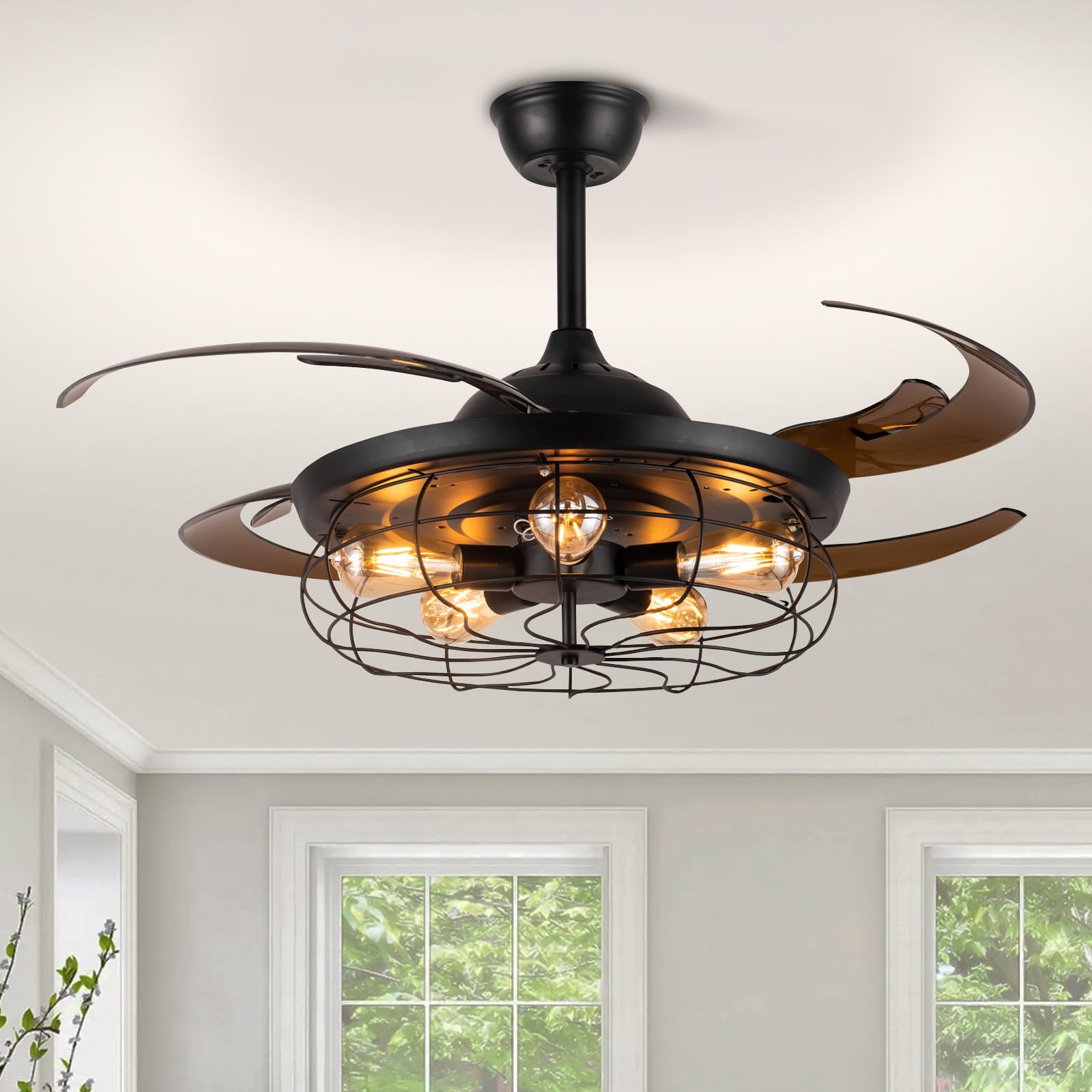 Siljoy 48 Inch Retractable Black Industrial Caged Ceiling Fan with Remote & 5 Lights - Farmhouse Chandelier Style for Living Room, Bedroom, Patio - Perfect for Home Cooling & Decorative Lighting