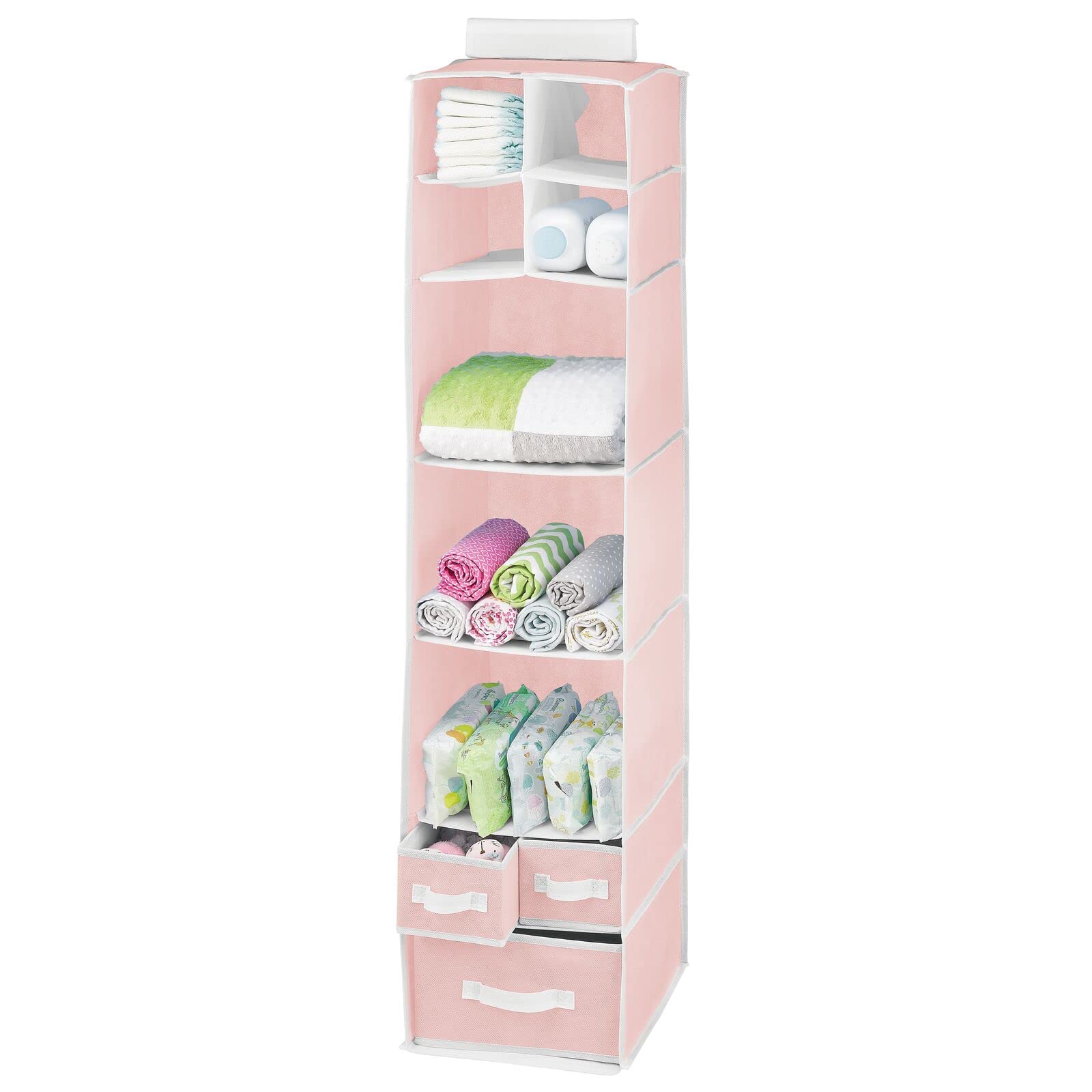 mDesign Fabric Hanging Organizer - 7 Shelves & 3 Drawers for Baby Nursery & Bedroom - Pink/White Jane Collection - Perfect for Clothes, Toys & Accessories Storage