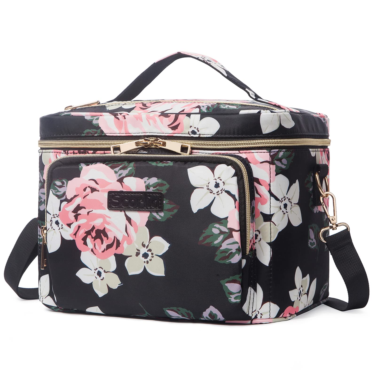 Scorila Large Travel Makeup Bag for Women - Cosmetic Organizer with Adjustable Dividers & Brush Holder, Vertical Bottle Storage Toiletry Bag, Portable Strap Case (Red Flower) - Perfect for Vacations, Gym & Daily Beauty Essentials