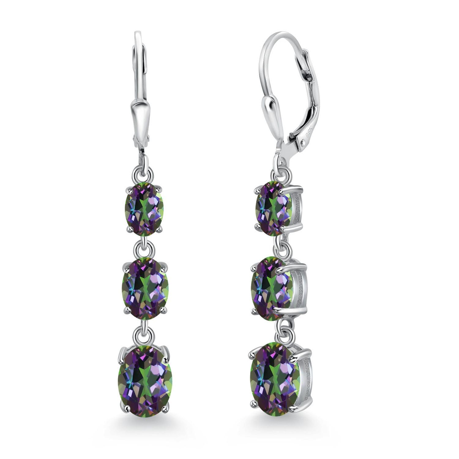 Gem Stone King 3-Stone Leverback Drop Dangle Earrings for Women - 925 Sterling Silver Birthstone Jewelry | Oval 8x6mm, 7x5mm & 6x4mm Gemstones | Elegant Gift for Mom, Wife, Her | Perfect for Birthdays, Anniversaries & Special Occasions