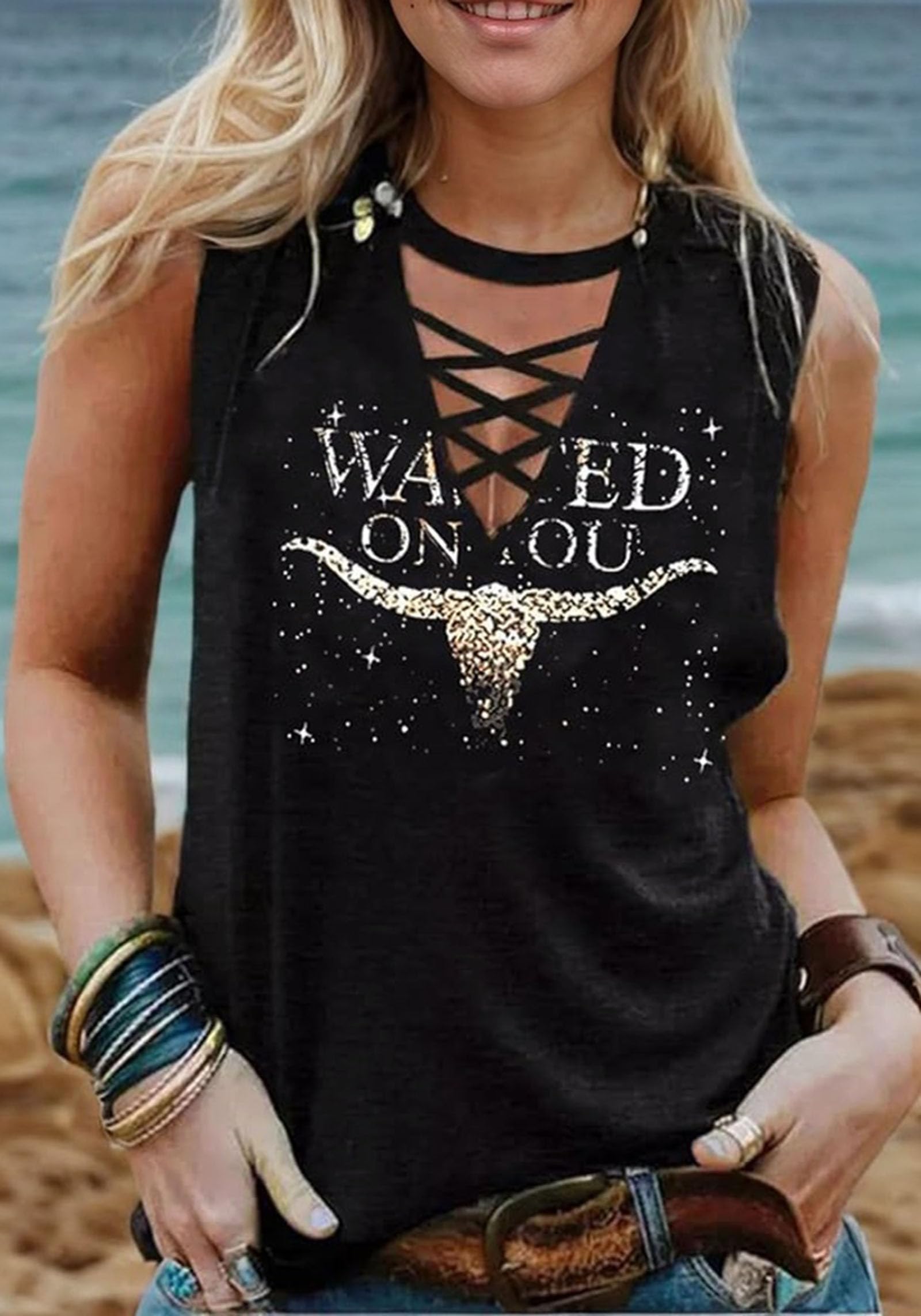 Women's Western Cowboy Hollow Out Criss-Cross Steer Skull Tank Top - Rodeo & Country Music Festival Fashion - Perfect for Concerts, Rodeos, and Summer Outdoor Events