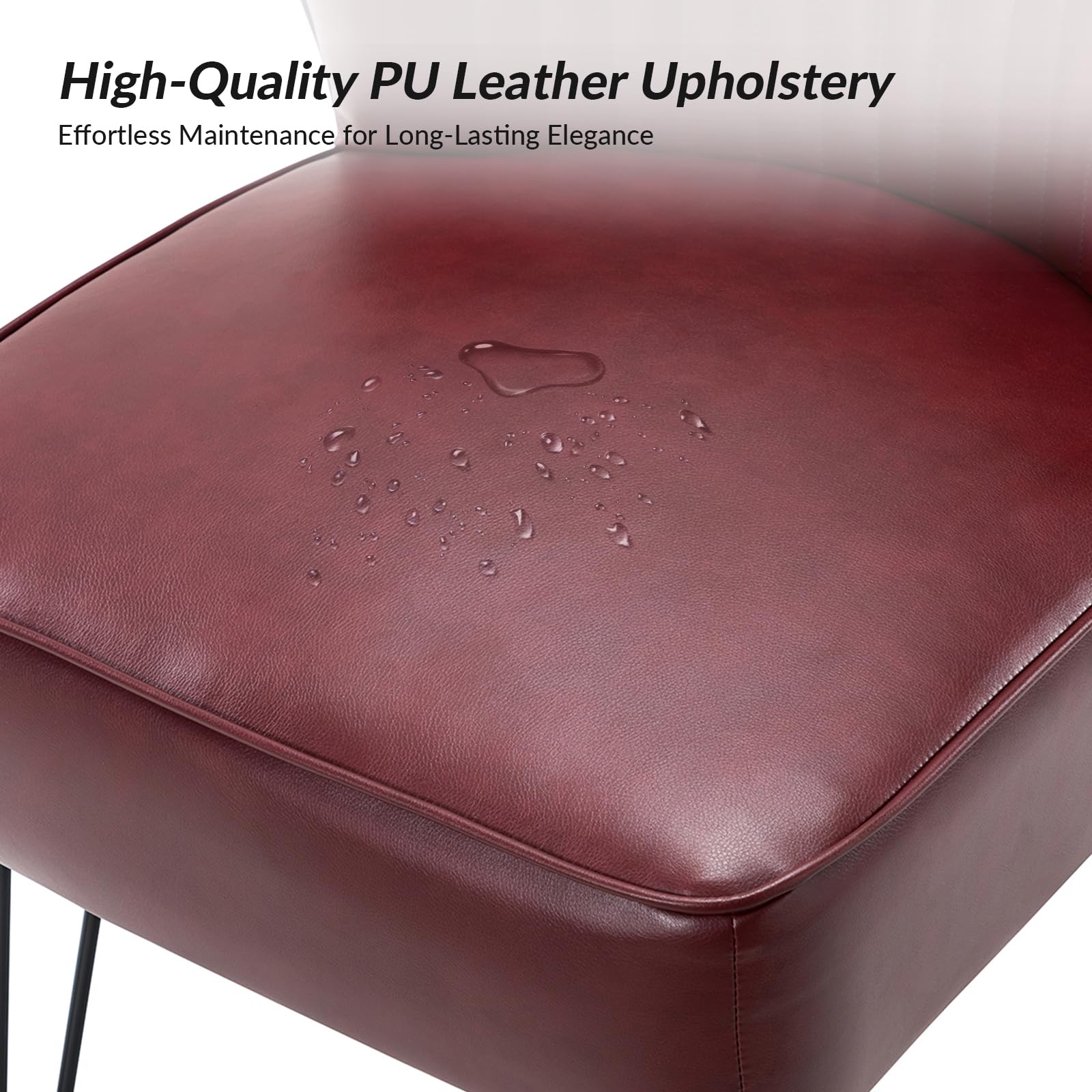 HULALA HOME Faux Leather Accent Chairs Set of 2 with Sturdy Metal Base - Mid Century Modern Living Room Armless Side Chairs - Burgundy Upholstered Comfortable Seating for Bedroom, Office & Lounge Areas