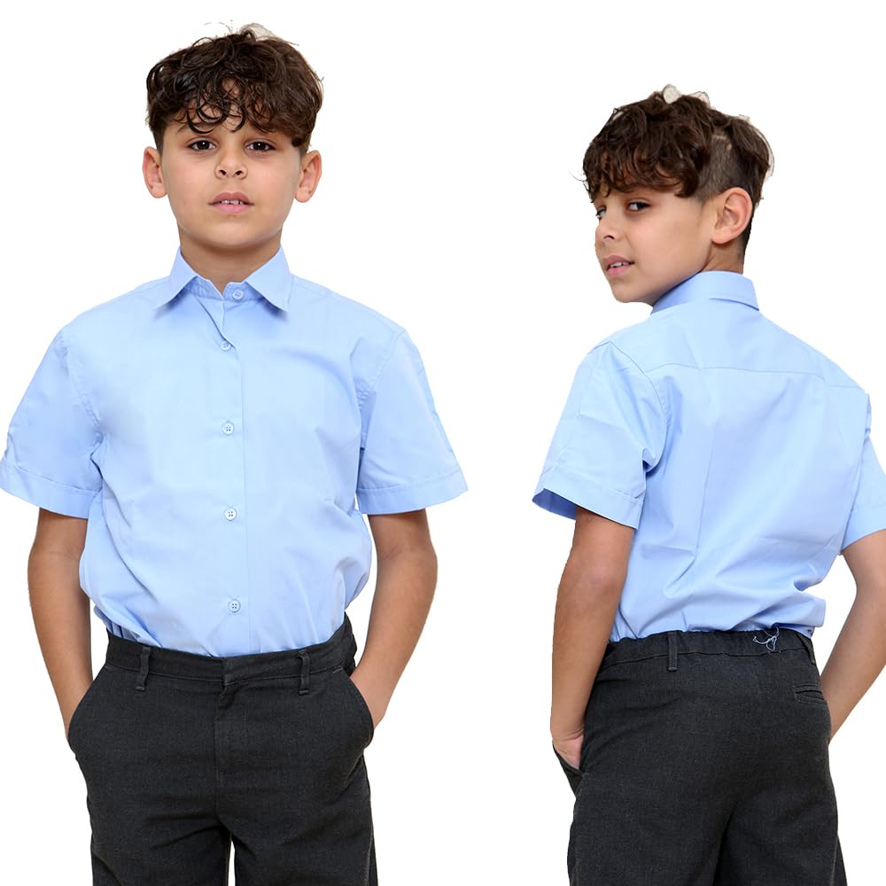 KHIM Boys' Dress Shirts for School - Short & Long Sleeve White & Blue Formal Shirts for Kids Ages 5-16 | Perfect for Class, Church & Special Occasions