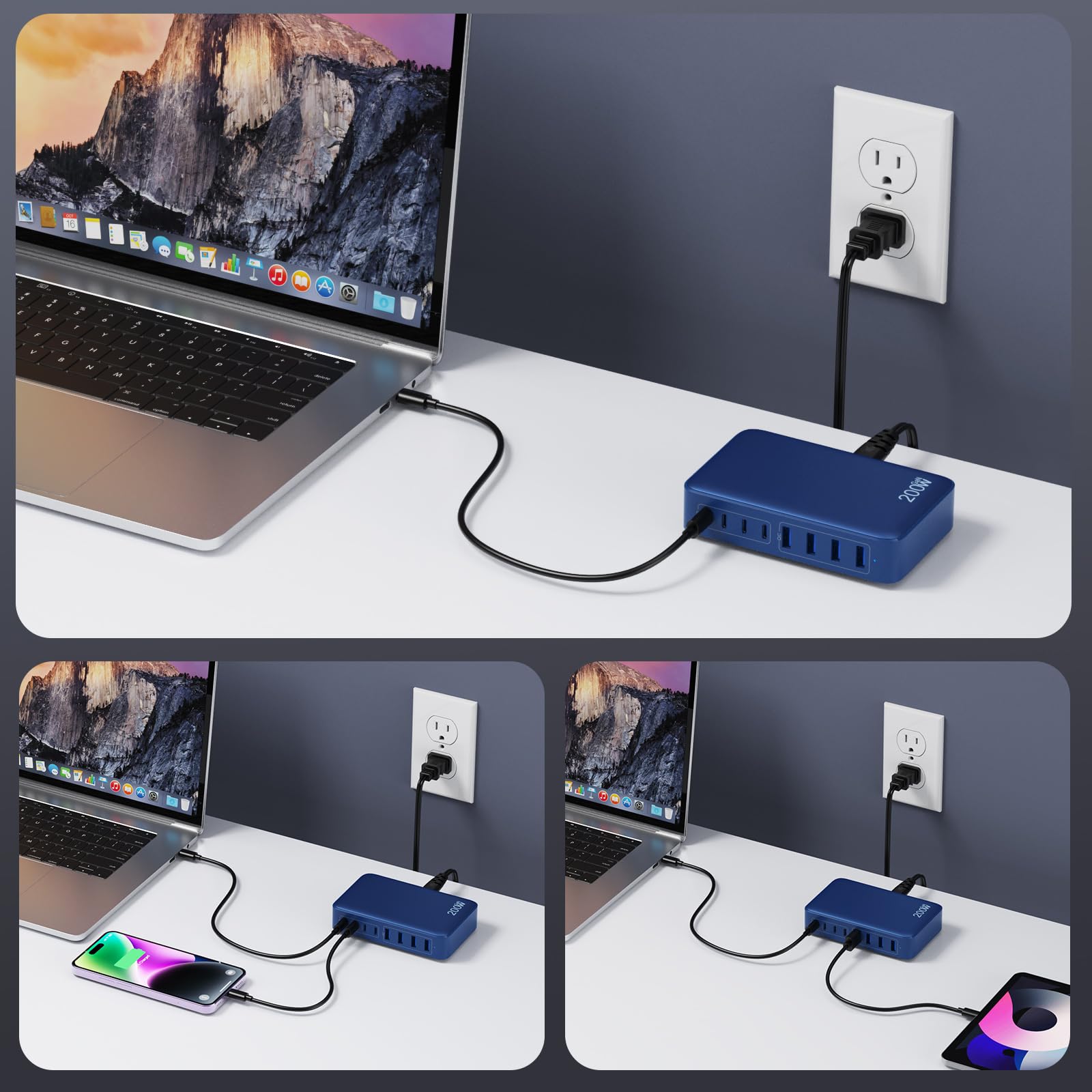 200W GaN III 8-Port USB C Fast Charging Station with PD 65W - Compatible with MacBook Pro/Air, Dell, HP Surface, iPhone 15/14/13, Galaxy S23/S22 - Perfect for Home, Office & Travel Charging Multiple Devices Simultaneously
