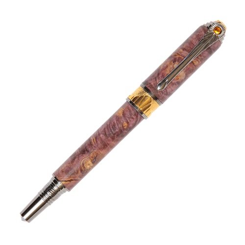 Lanier Art Deco Fountain Pen - Black Titanium & 22kt Gold Trim - Purple Maple Burl Wood Luxury Writing Instrument - Perfect for Calligraphy, Signature & Executive Gifts