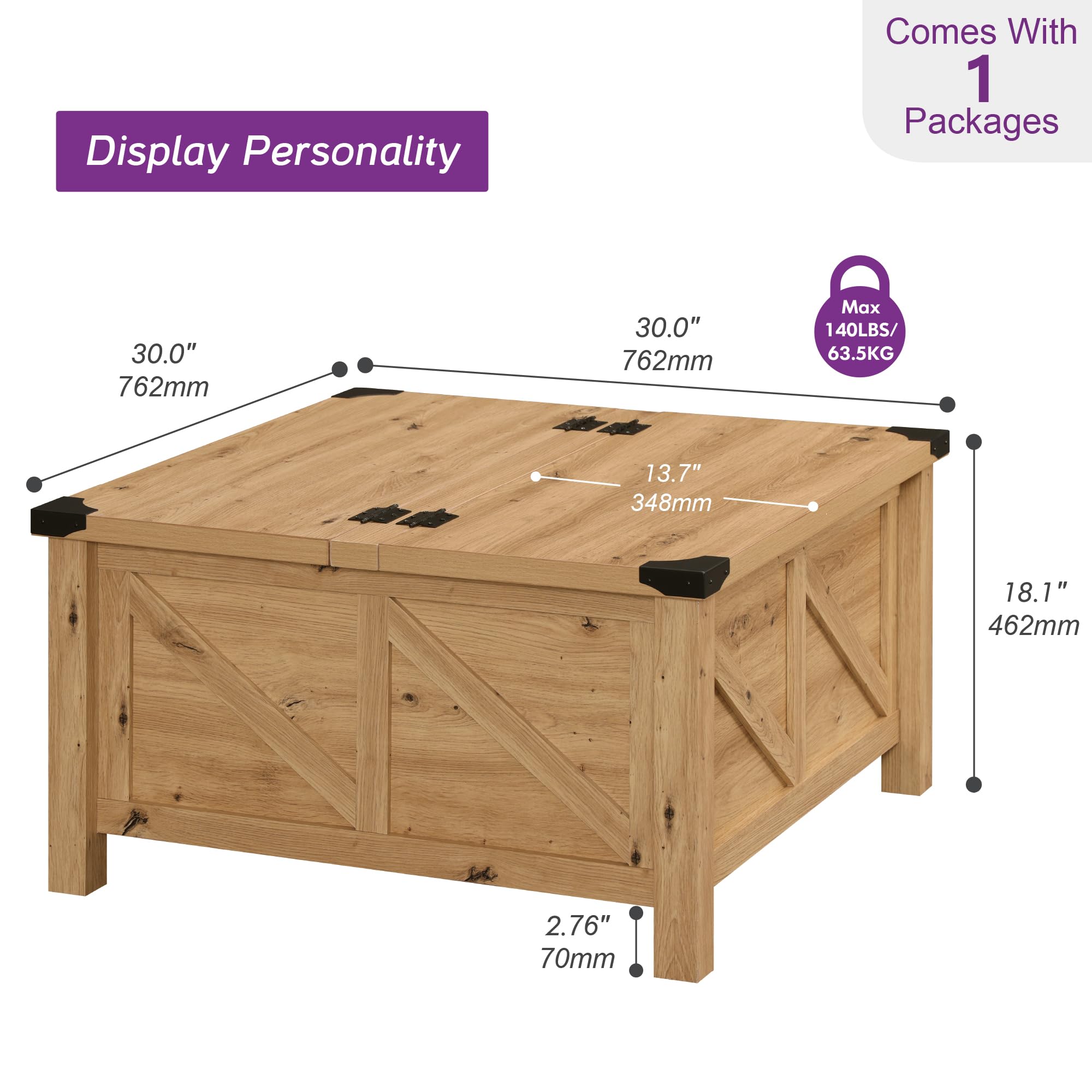 WAMPAT 30x30 Inch Square Farmhouse Coffee Table with Storage - Solid Wood Flip-Top Design with Gas Spring Lift, Metal-Wrapped Corners (Oak Finish) - Perfect for Living Room, Family Gatherings & Small Space Storage Solutions