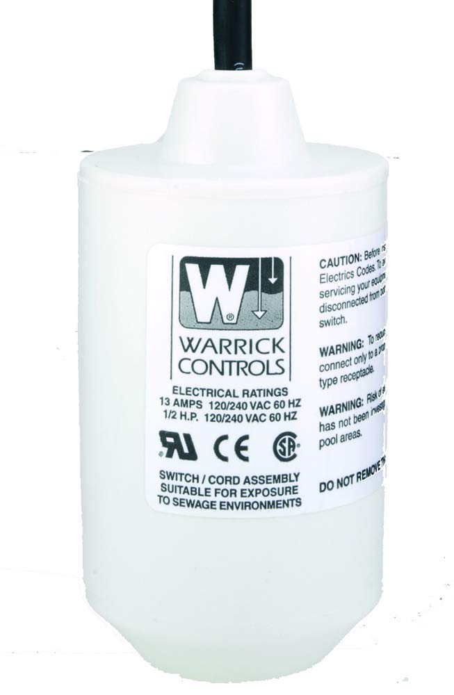 Warrick M-YEL-40 Mechanical Narrow Angle Tilt Float Switch with 13A SPST Normally Closed Switch, 40ft 16 AWG 2-Conductor SJOW Oil-Resistant CPE Cable - Ideal for Water Tanks, Sump Pumps, and Industrial Liquid Level Control