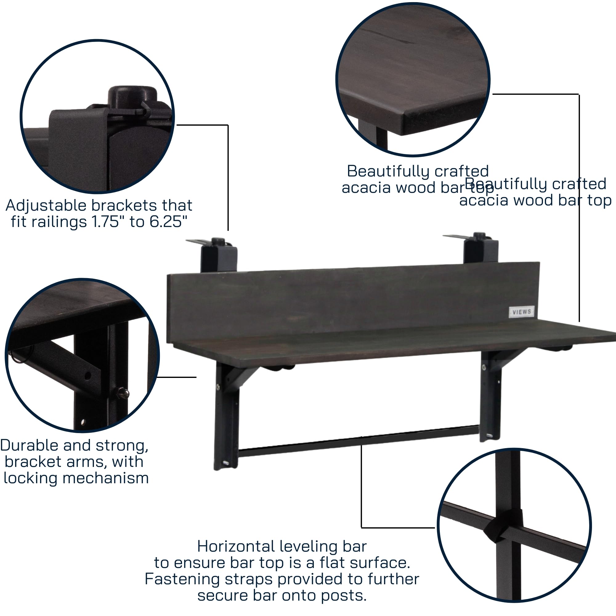 3Ft Folding Balcony Bar Table (Black) - Weather-Resistant Acacia Wood with Adjustable Steel Brackets - Perfect for Outdoor Dining, Small Space Balcony, Deck, Patio, Porch & Backyard Entertaining
